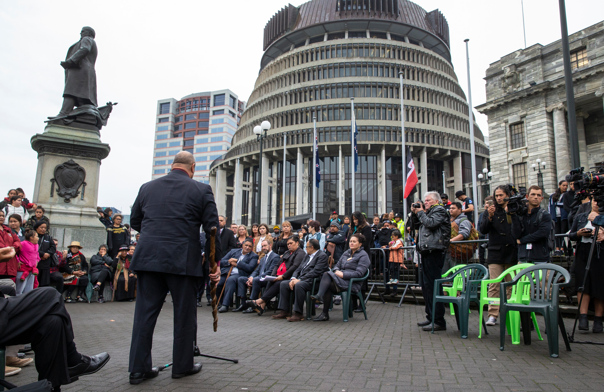 A Ngai Te Rangi leader addresses government ministers after their hikoi to Parliment to protest the Pare Hauraki settlement in May 2018. Photo / File 