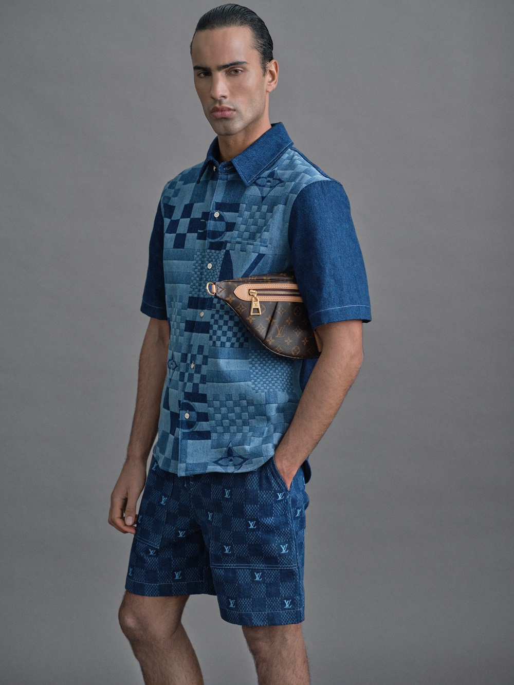 The iconic Damier check is reimagined in sharper denim separates, perfect for the day or evening. Photo / Derek Henderson