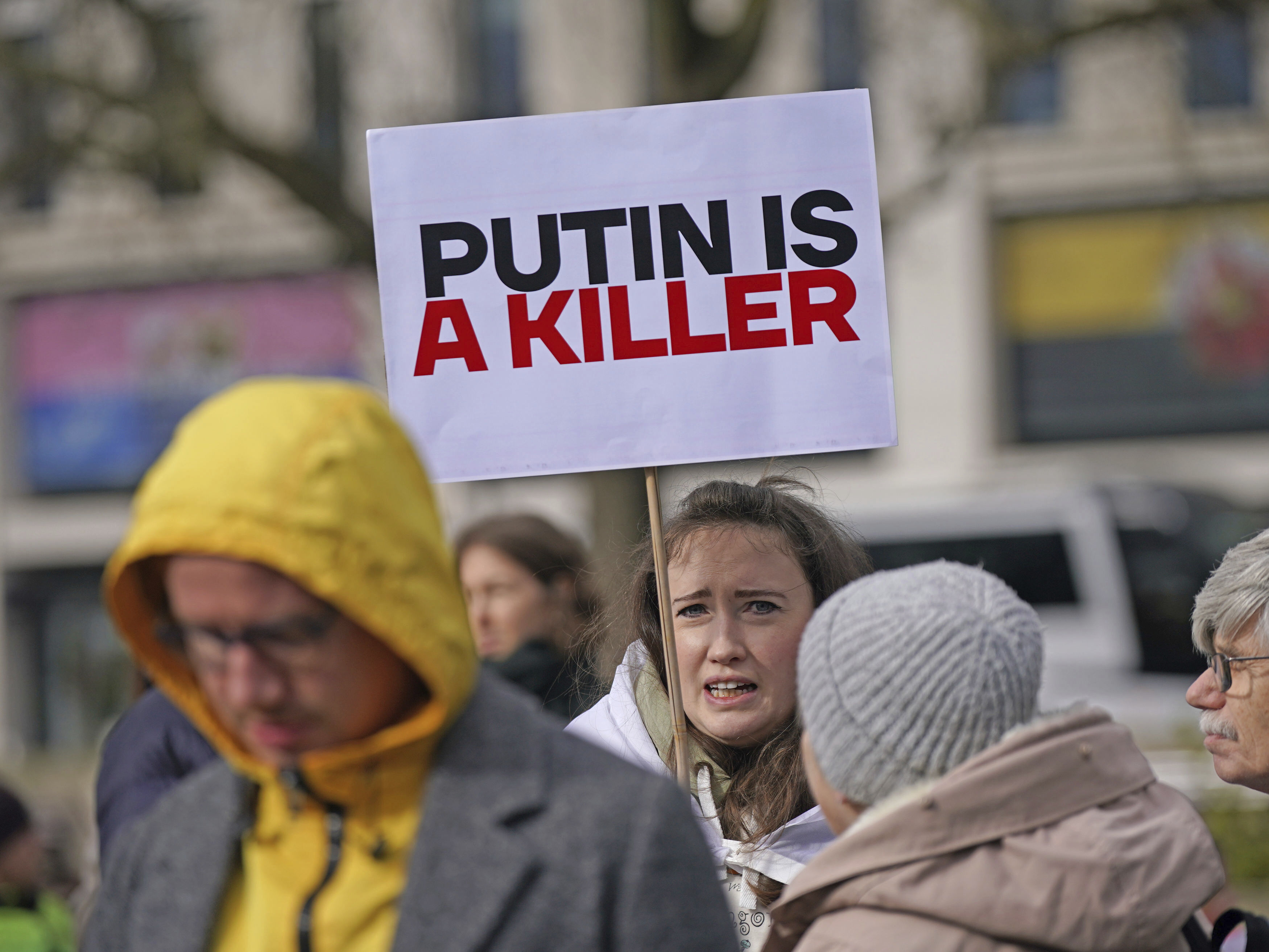 People gather in Hyde Park ahead of a march to the Russian Embassy organised by the Russian Democratic Society to mark the two-year anniversary of the Russian invasion of Ukraine. Photo / AP
