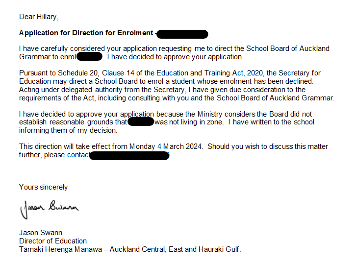 The Ministry of Education sent Au-Yueng a letter saying it didn't believe the Auckland Grammar board established any reasonable grounds her son wasn't living in-zone. 