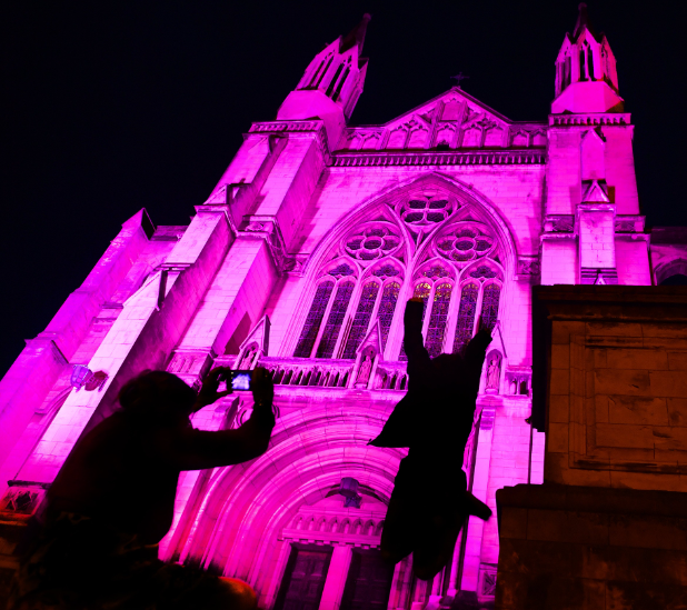 Dunedin’s St Paul’s Cathedral was lit up last night to celebrate the arrival of American pop singer Pink in the city. Photo / Otago Daily Times