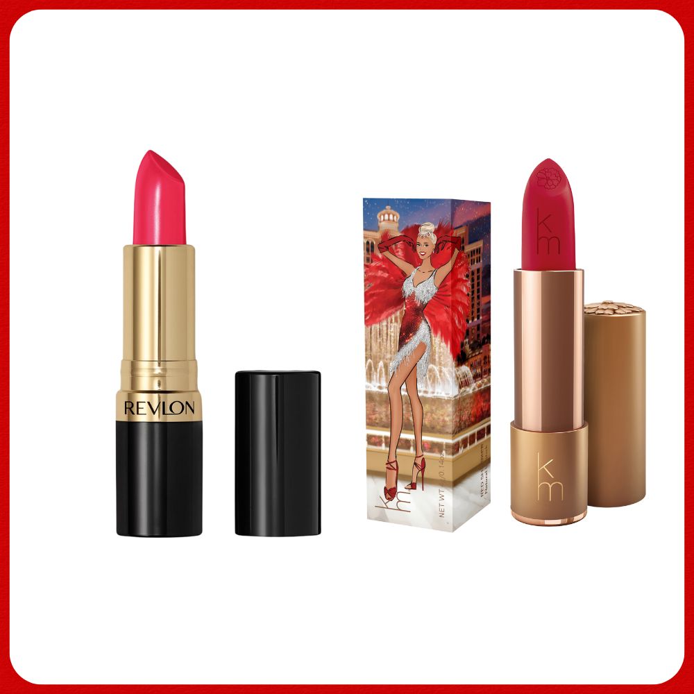Left to right: Revlon Super Lustrous Lipstick in the shade 03 Electric Melon, $25; Karen Murrell Lipstick in the shade 04 Red Shimmer, $35.