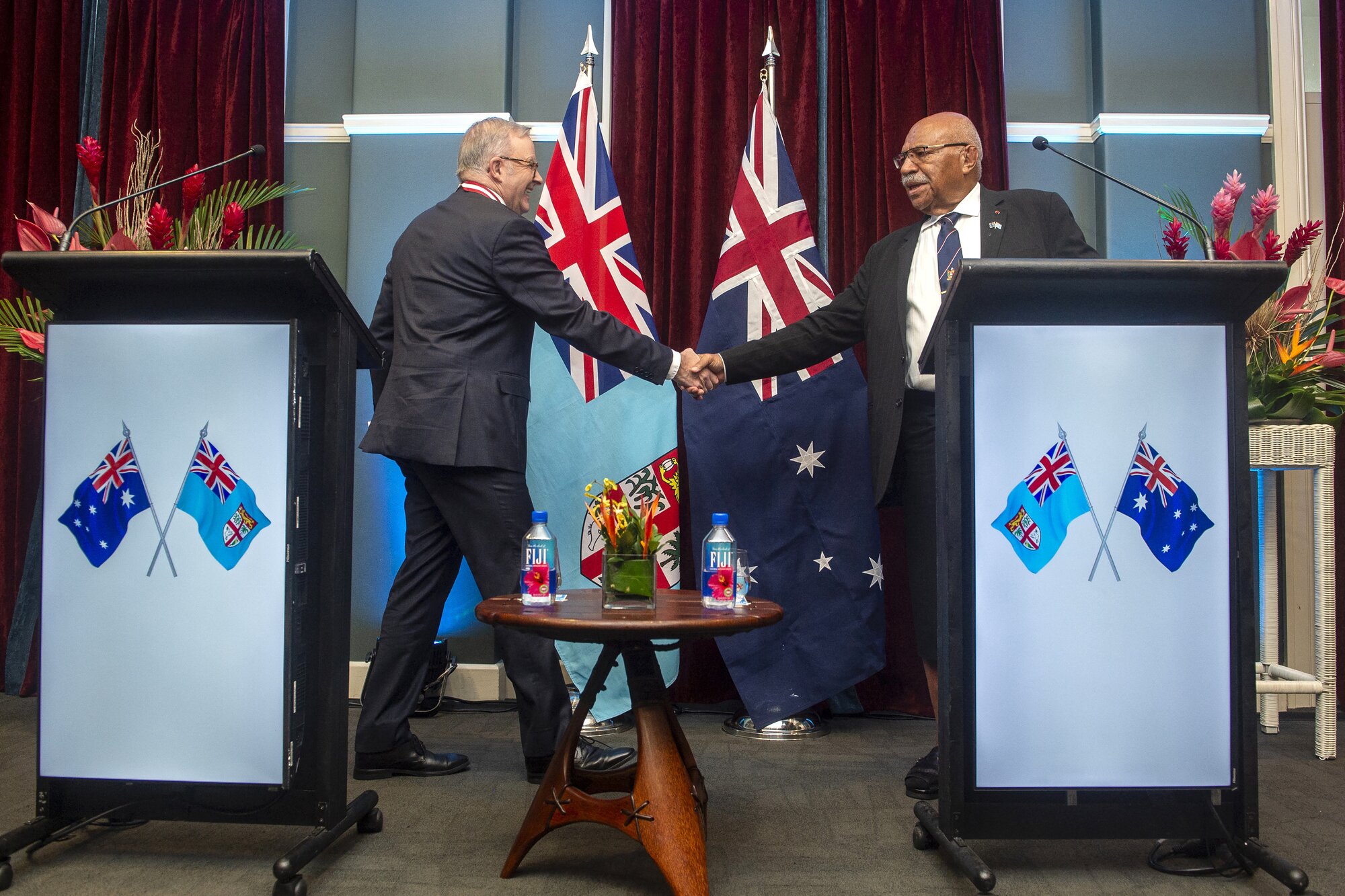 Australian Prime Minister Anthony Albanese (left) and Fiji's Prime Minister Sitiveni Rabuka (right) shake hands after a joint press conference announcing the Ocean of Peace. Photo / AFP
