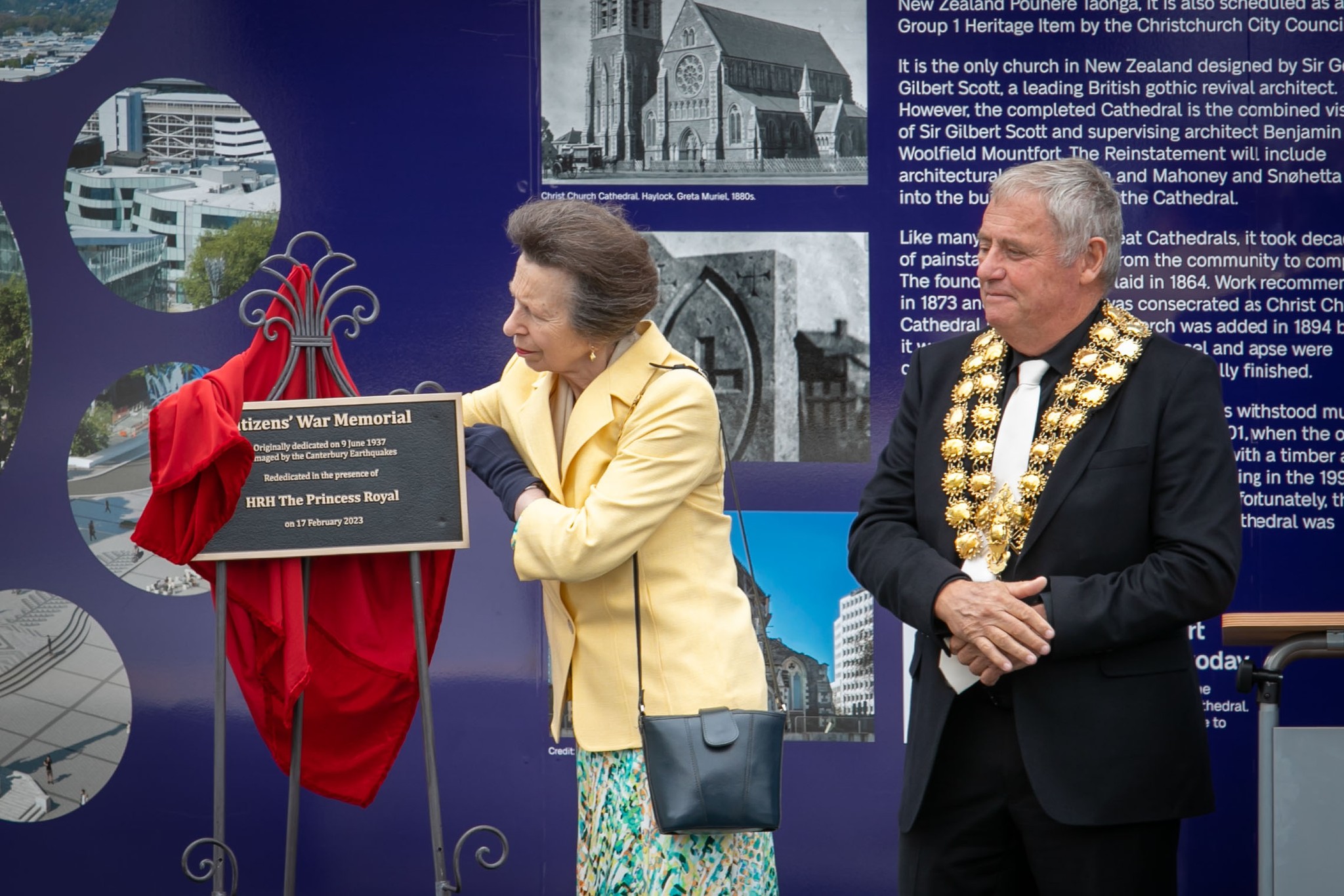 Princess Anne unveils a plaque at the Citizens' War Memorial in Christchurch. Photo / Christchurch City Council