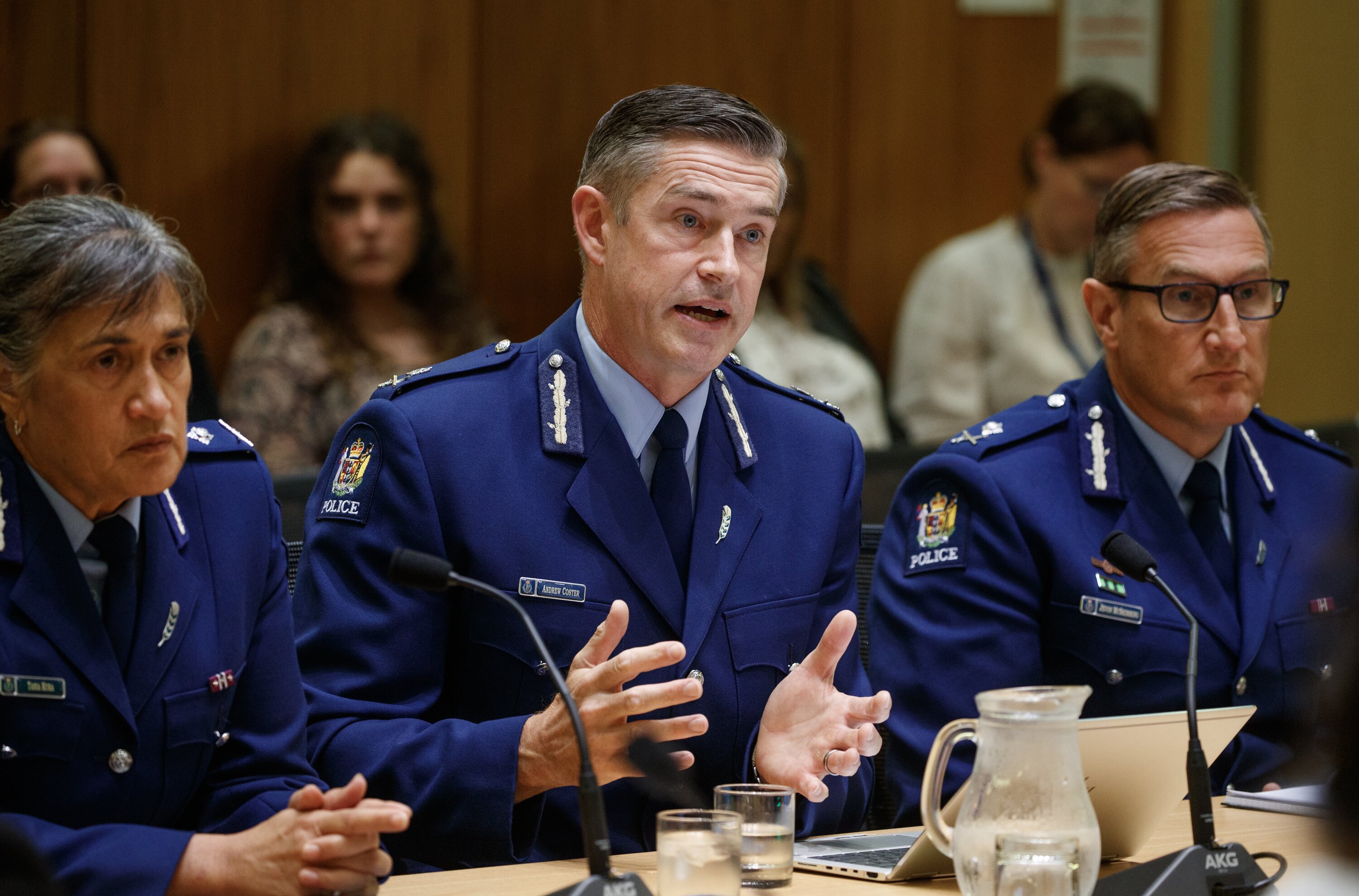 Deputy Commissioners Jevon McSkimming, right, and Tania Kura alongside Police Commissioner Andrew Coster at a select committee hearing in Parliament. Photo / Mark Mitchell