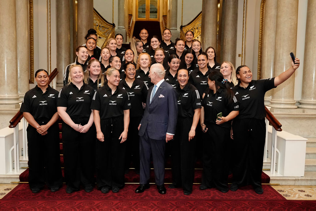 The Black Ferns take a photo with King Charles III on the Grand Staircase at Buckingham Palace. Photo / Getty Images