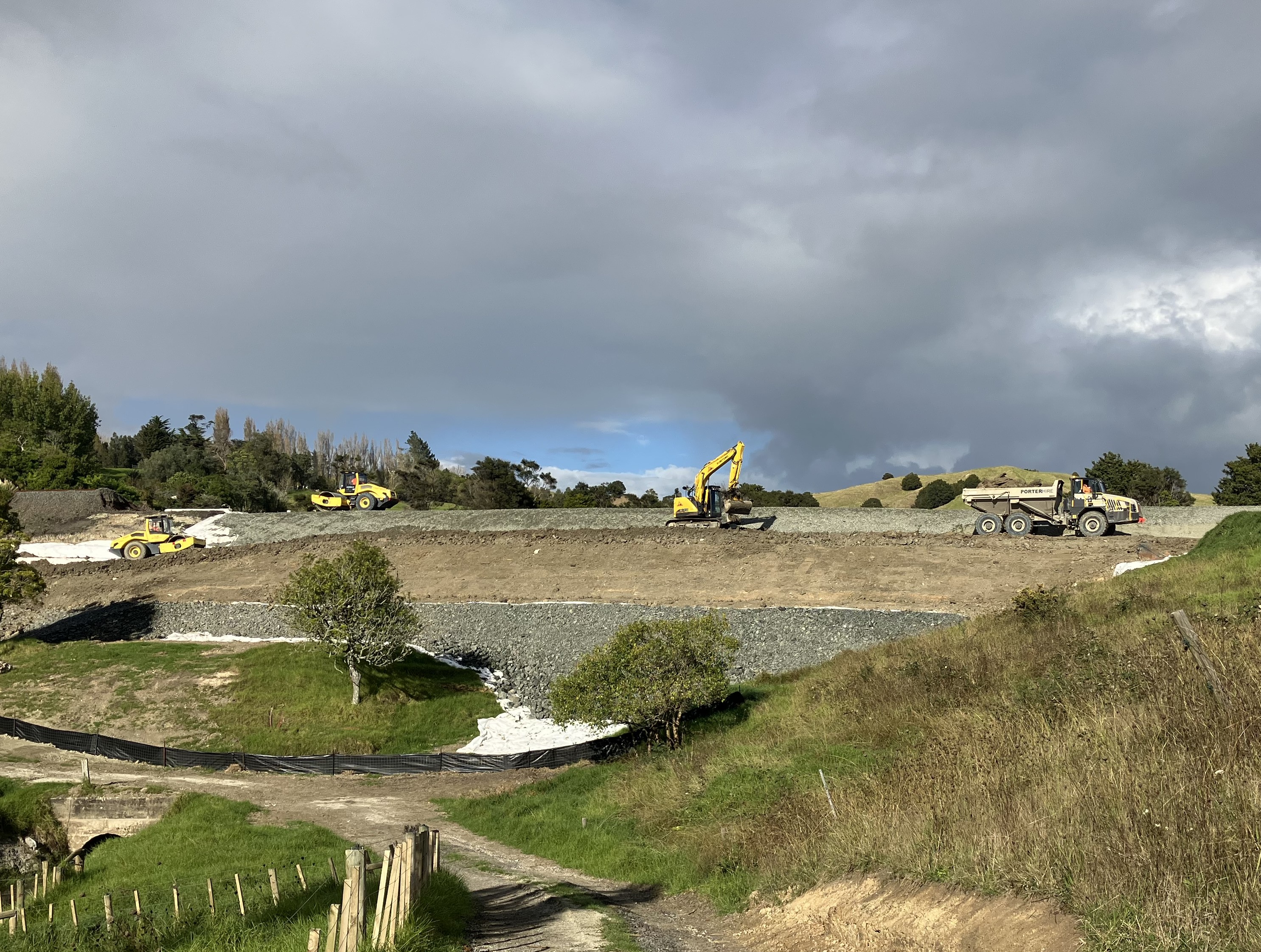 The railway embankment near Maungaturoto is being rebuilt after damage in the 2023 storms. Photo / KiwiRail