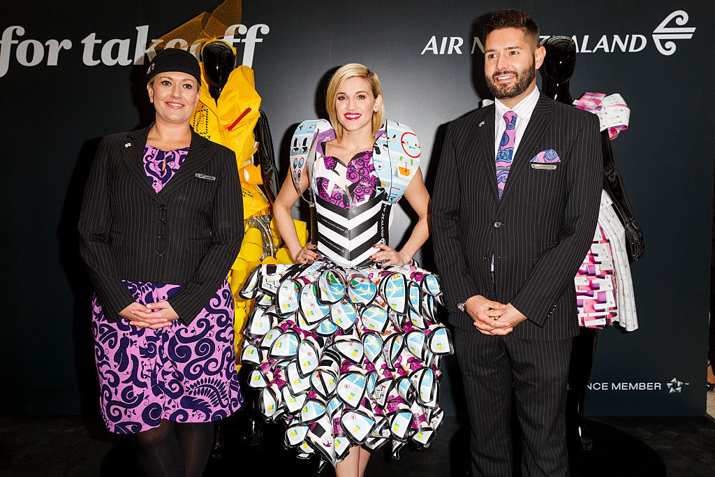 Best foot forward: Air New Zealand marks LA Fashion Week with a dress made from safety cards. Photo / Tristan Fewings, Getty Images