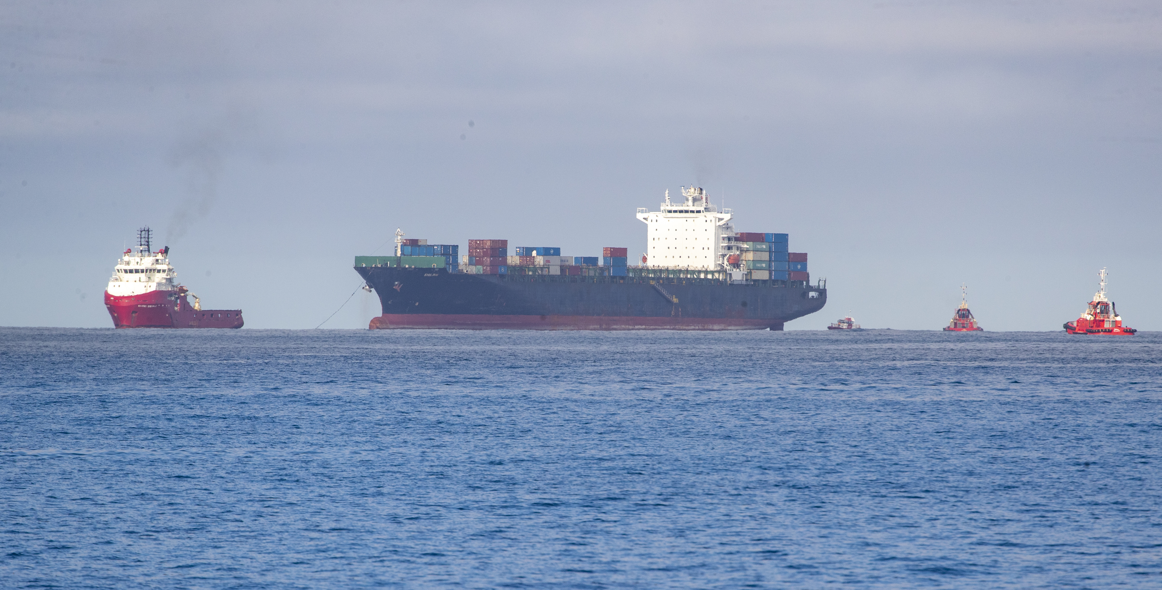 Two port tugs met MV Shiling and helped it to berth when it was towed to Wellington. Photo / Mark Mitchell