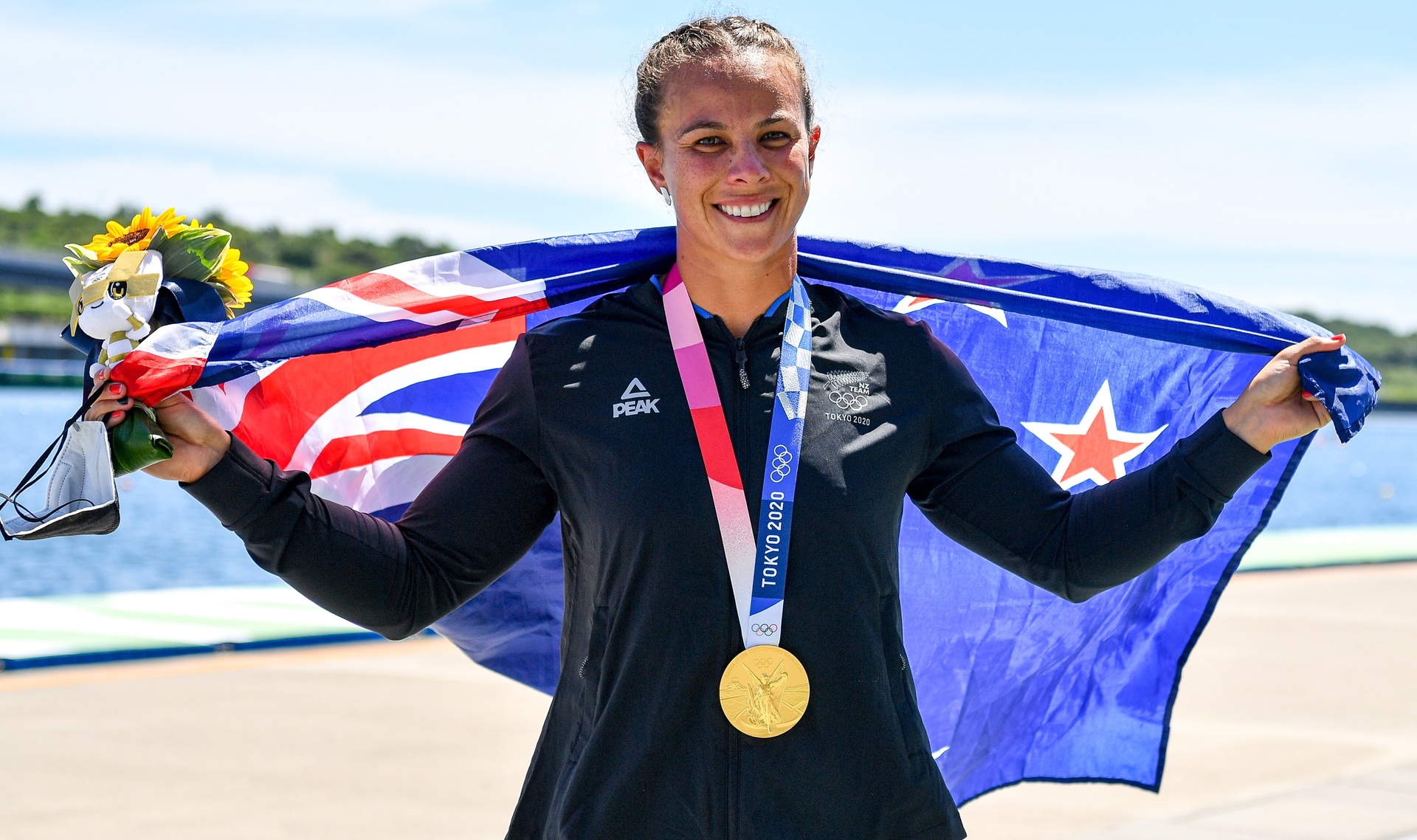 Dame Lisa Carrington with her gold medal after winning the K1 500 at the Sea Forest Waterway during the Tokyo Olympics in 2021. Photo / Photosport