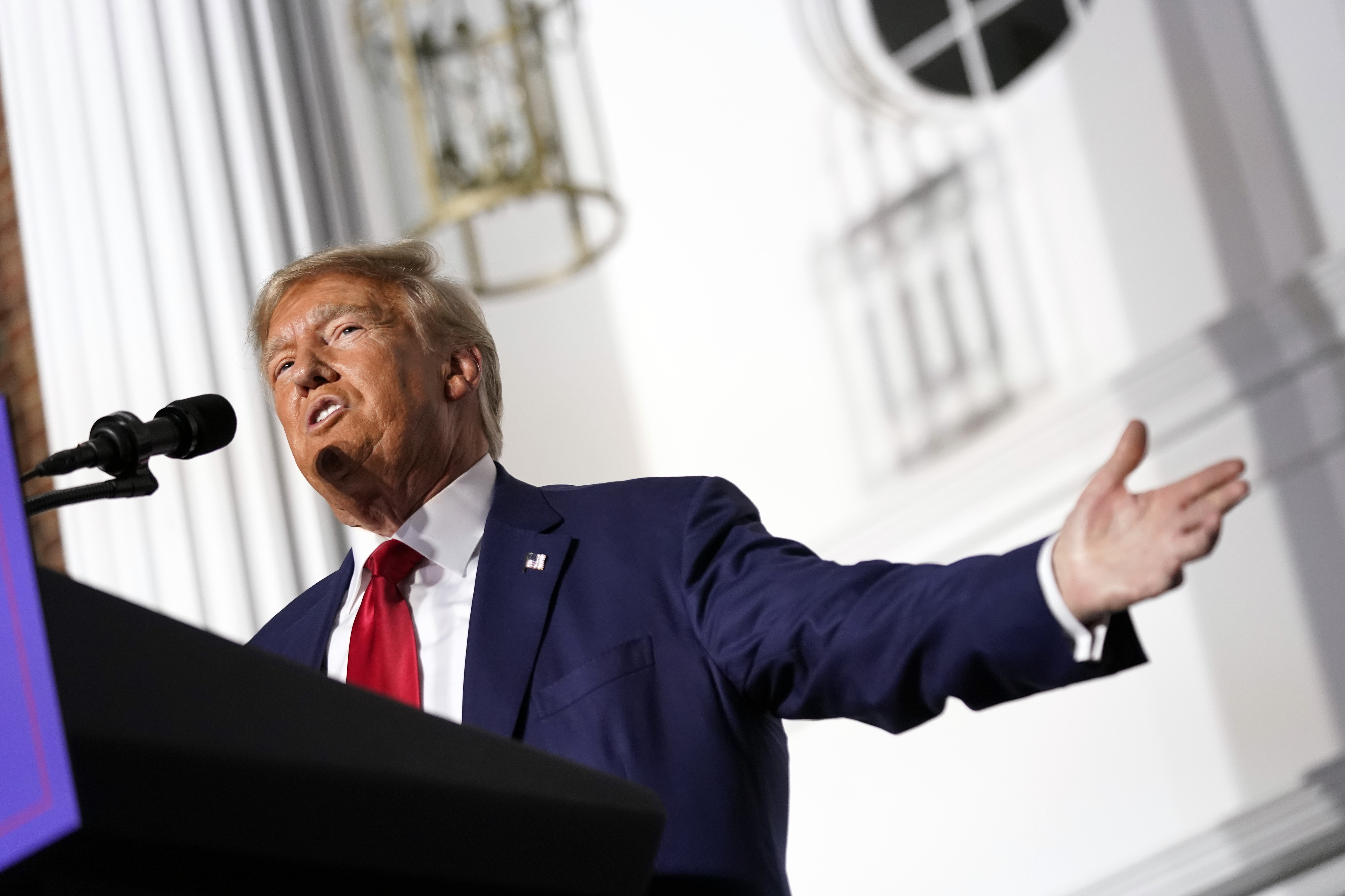 Donald Trump speaking at Trump National Golf Club after the court appearance this morning. Photo / AP