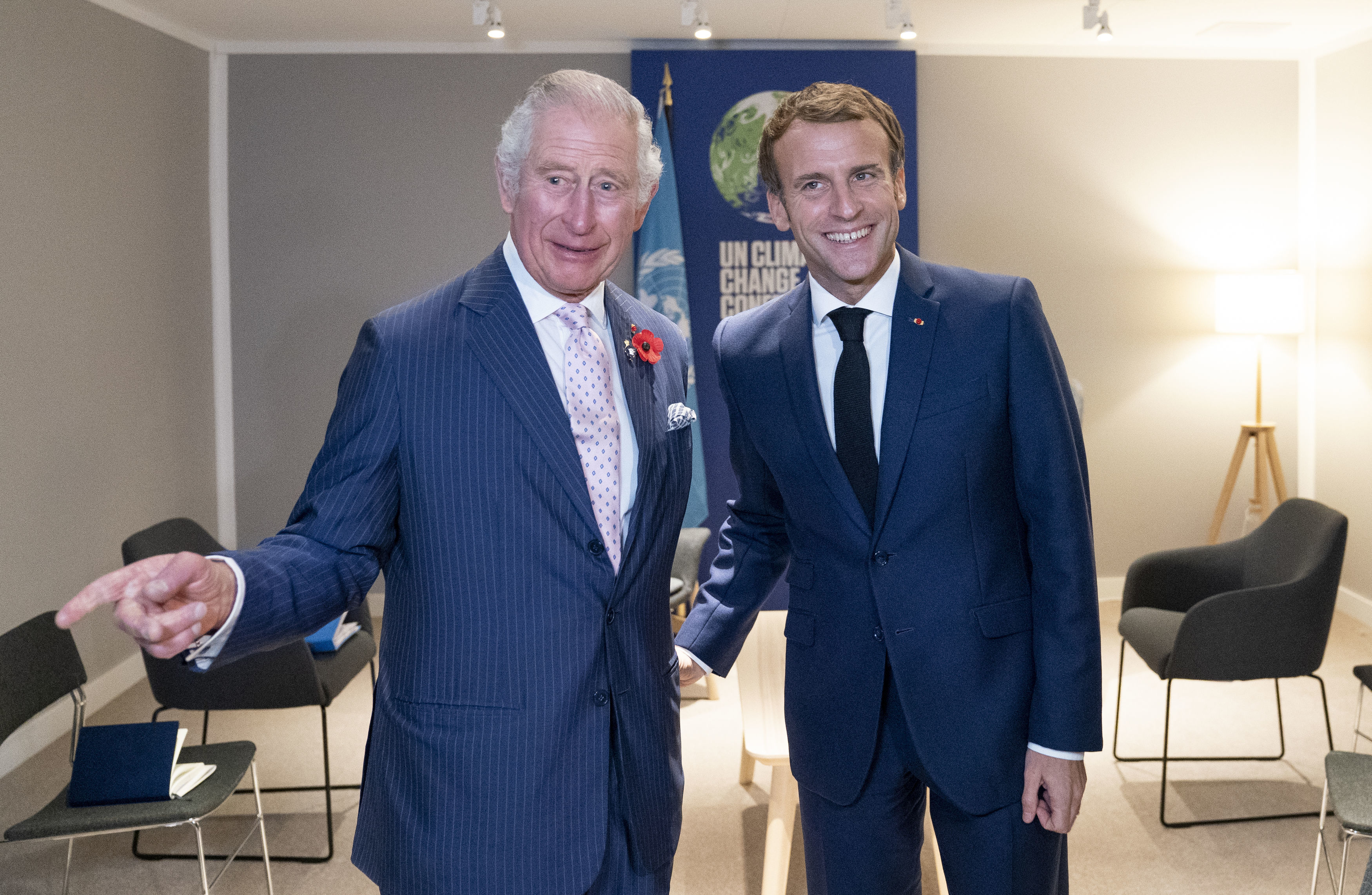 Prince Charles meets President of France Emmanuel Macron ahead of their bilateral meeting during the Cop26 summit at the Scottish Event Campus (SEC) on November 1, 2021. Photo / Getty Images