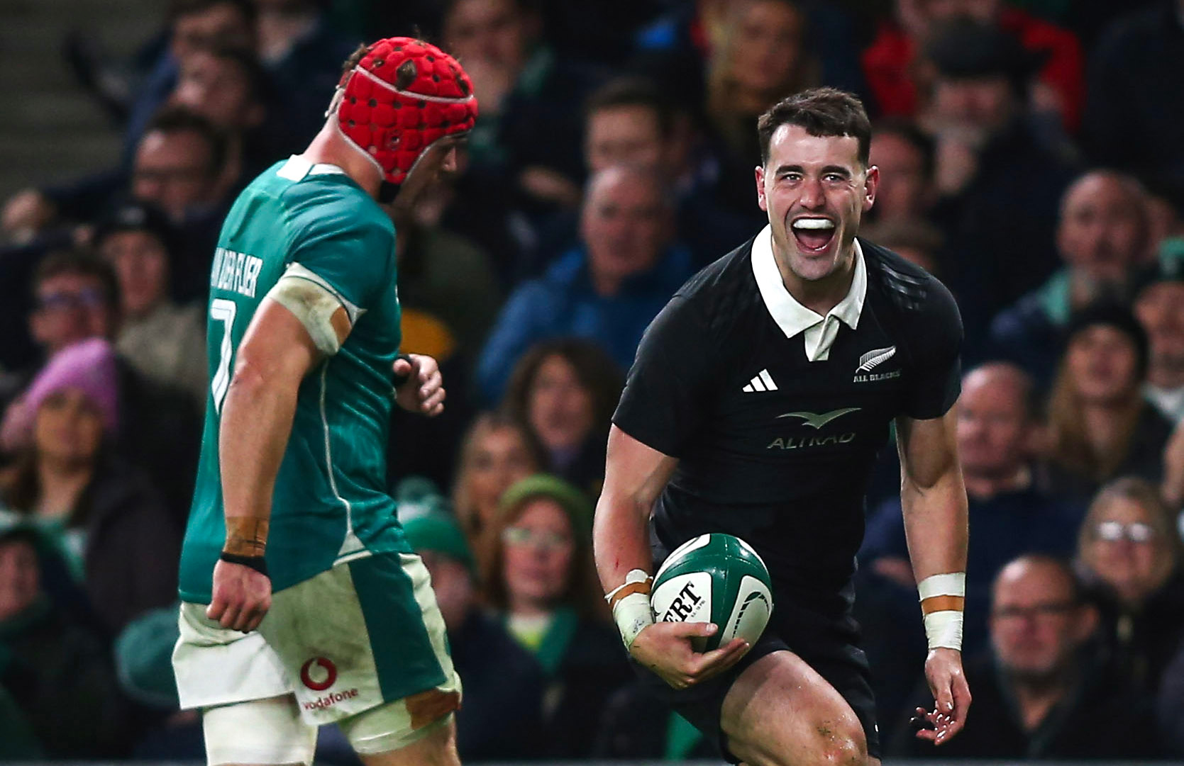 Will Jordan celebrates scoring the All Blacks' only try of the match. Photo / Photosport