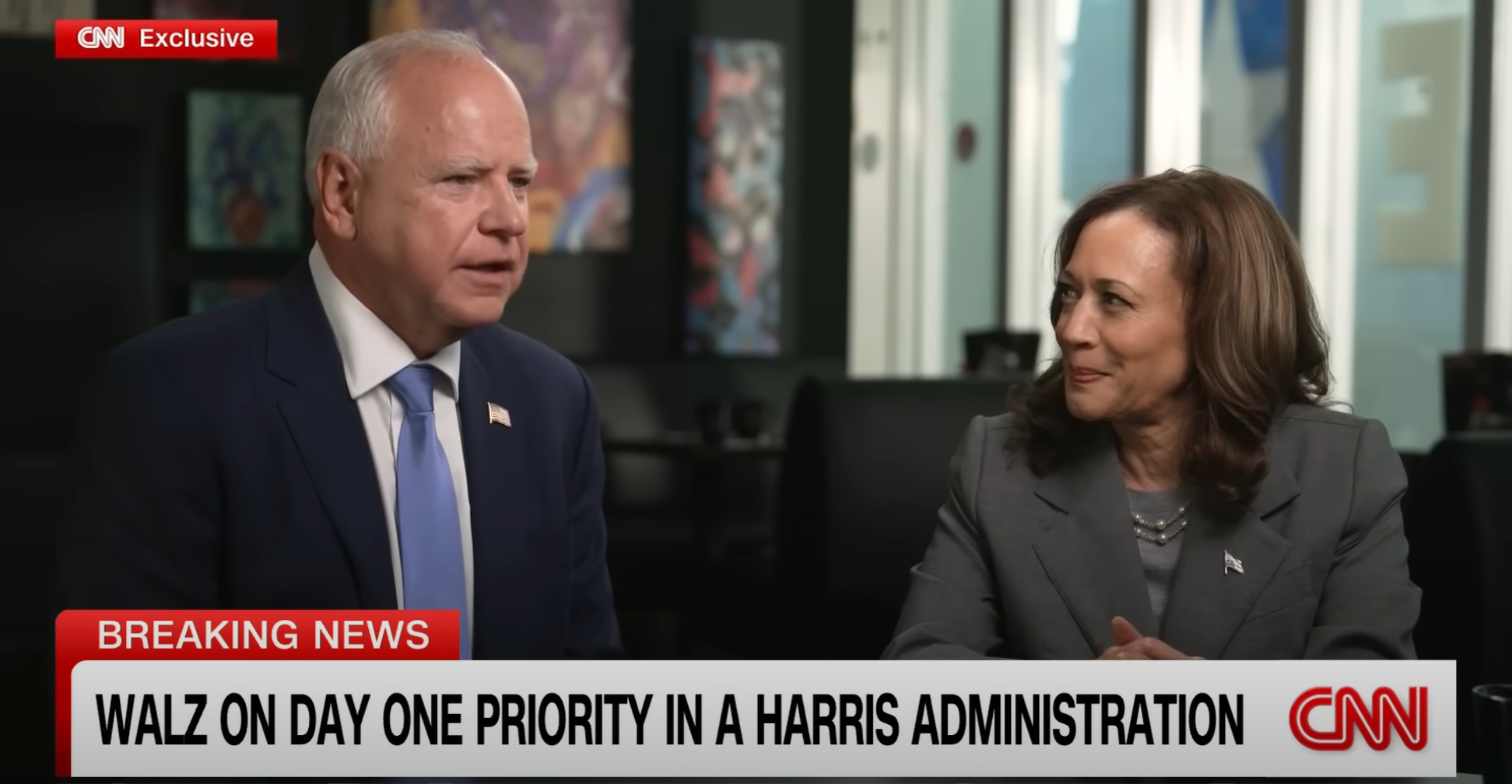Minnesota Governor Tim Walz and US Vice-President Kamala Harris in their sit-down interview with CNN. Photo / CNN