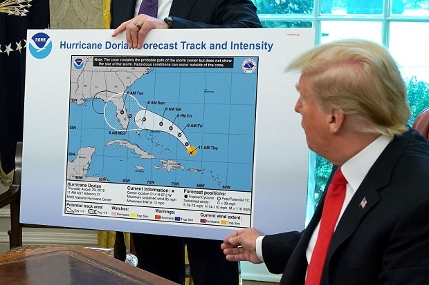 Trump infamously added the black section onto this map to reflect his claims about the path of Hurricane Dorian. Photo / Getty Images