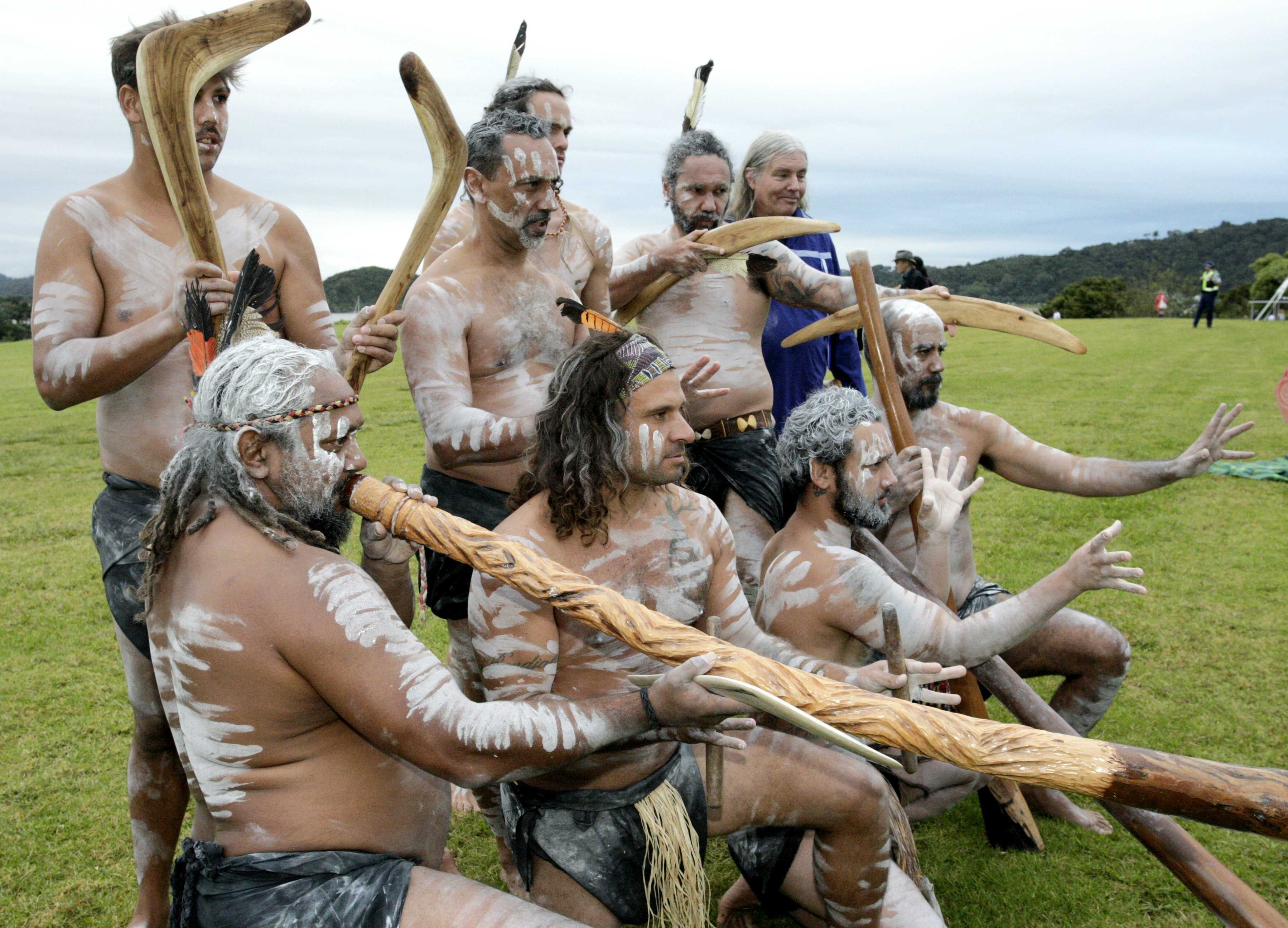 Members of the Giingan Yiiliway Girrwaa people from Gumbaynggirr country, Australia, join the Waitangi Day festivities,