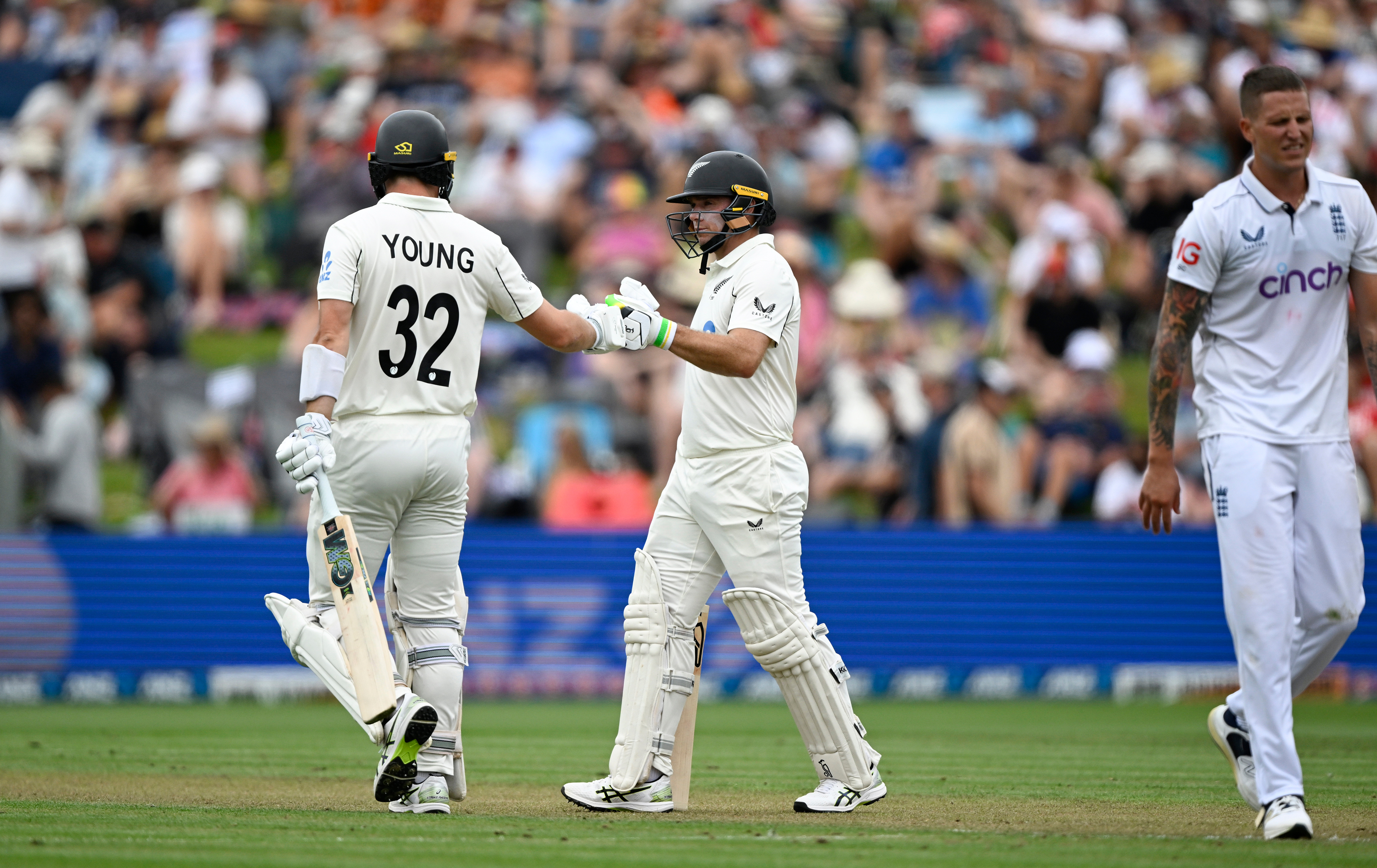 Will Young and Tom Latham during the first day of the third test. Photo / Photosport