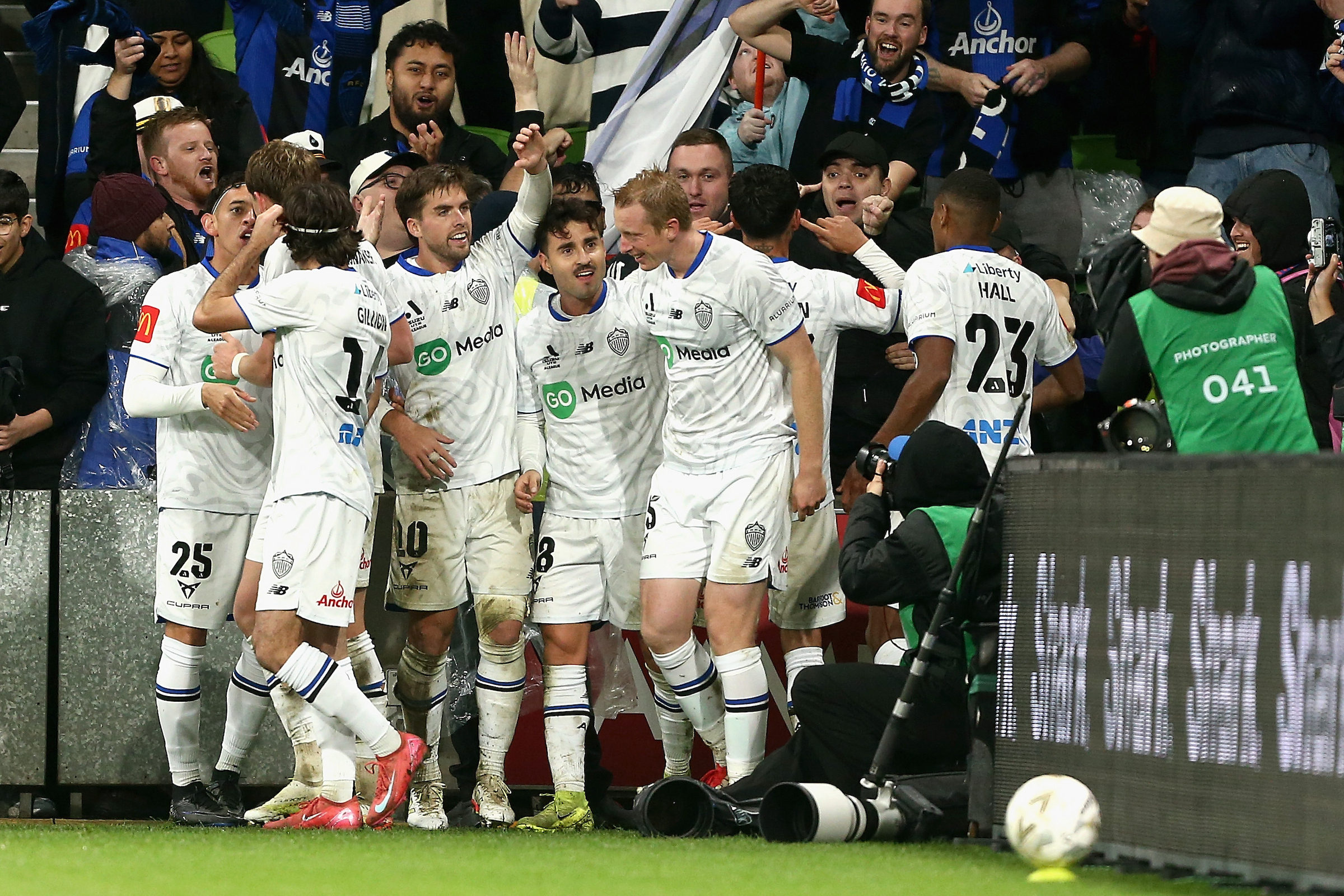 Auckland FC celebrate their priceless goal in Melbourne. Photo / Photosport