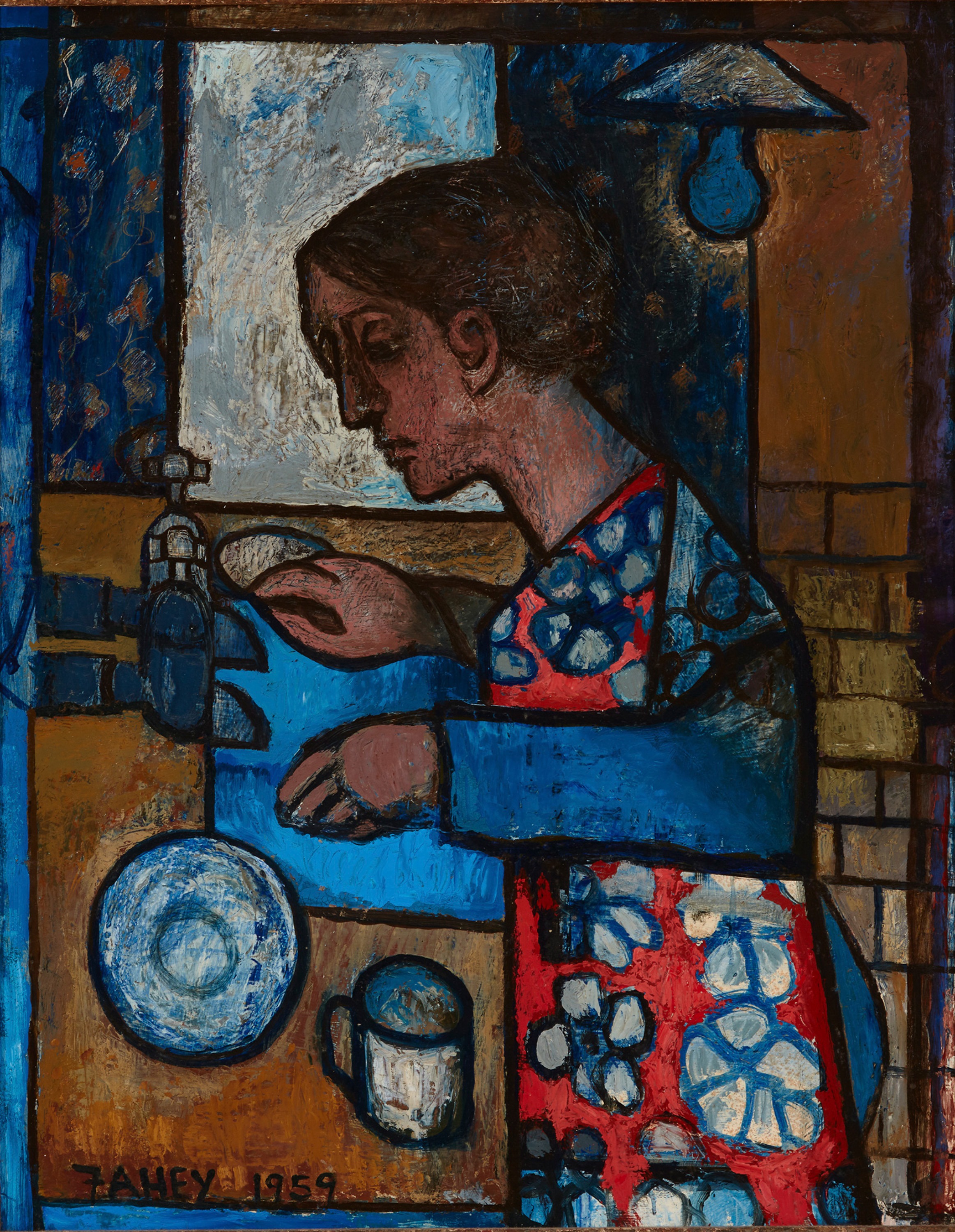 The only surviving work from Jacqueline Fahey's Suburban Neurosis series, Woman at the Sink was painted in 1959 and is on show as part of the Auckland Art Gallery Toi O Tāmaki exhibition Modern Women: Flight of Time. 