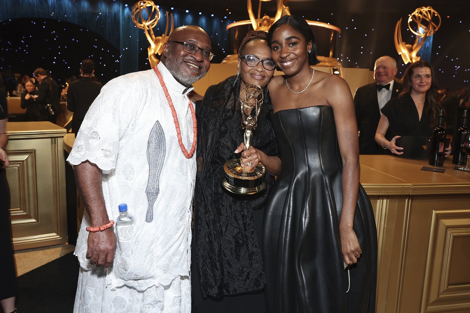 Ayo Edebiri with her parents, Dele Edebiri and Helen O'Neal Edebiri, at the 75th Emmy Awards Governors Gala in Los Angeles. Photo / John Salangsang, AP
