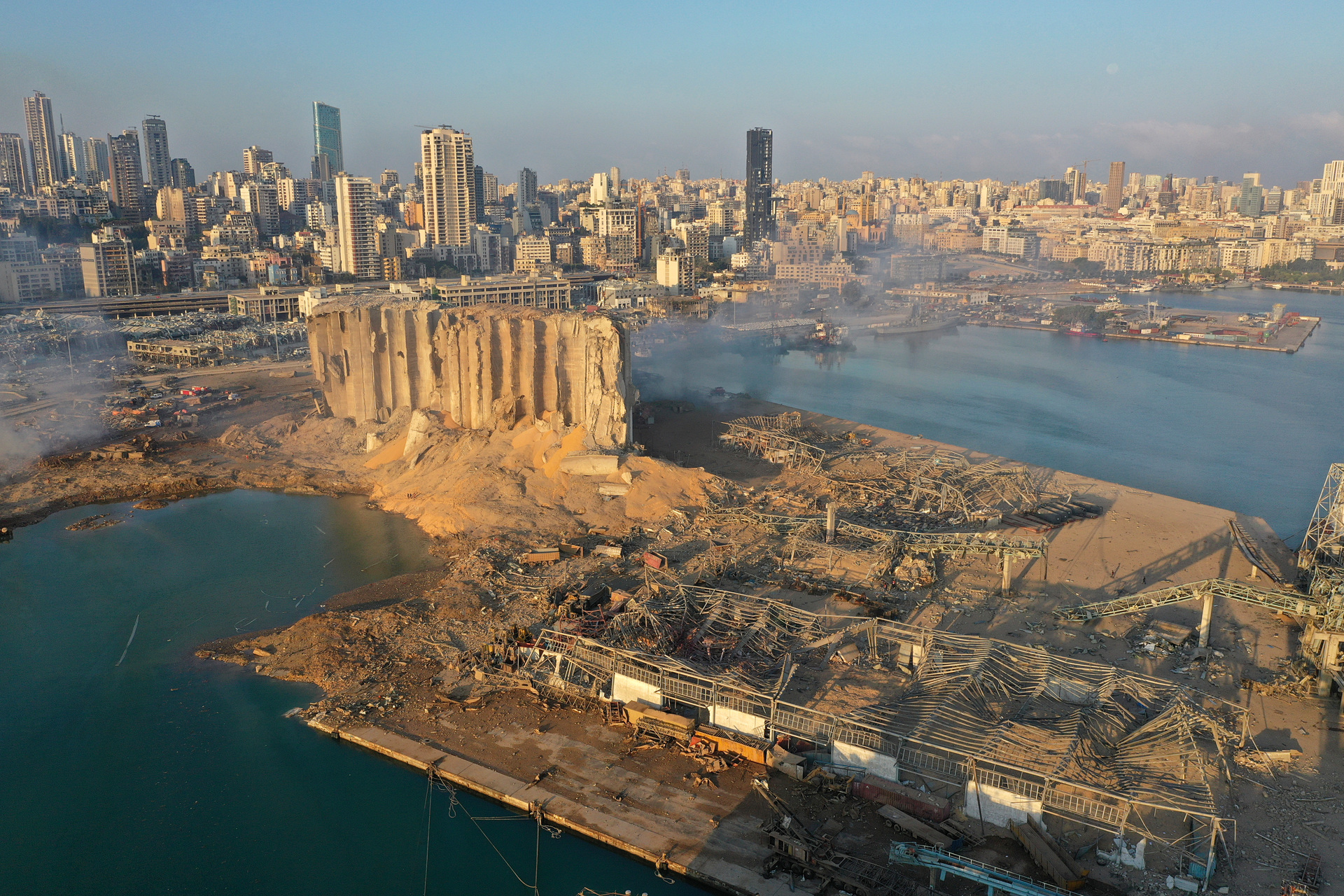 A drone picture shows the scene of the massive explosion that hit the seaport of Beirut, Lebanon. Photo / AP
