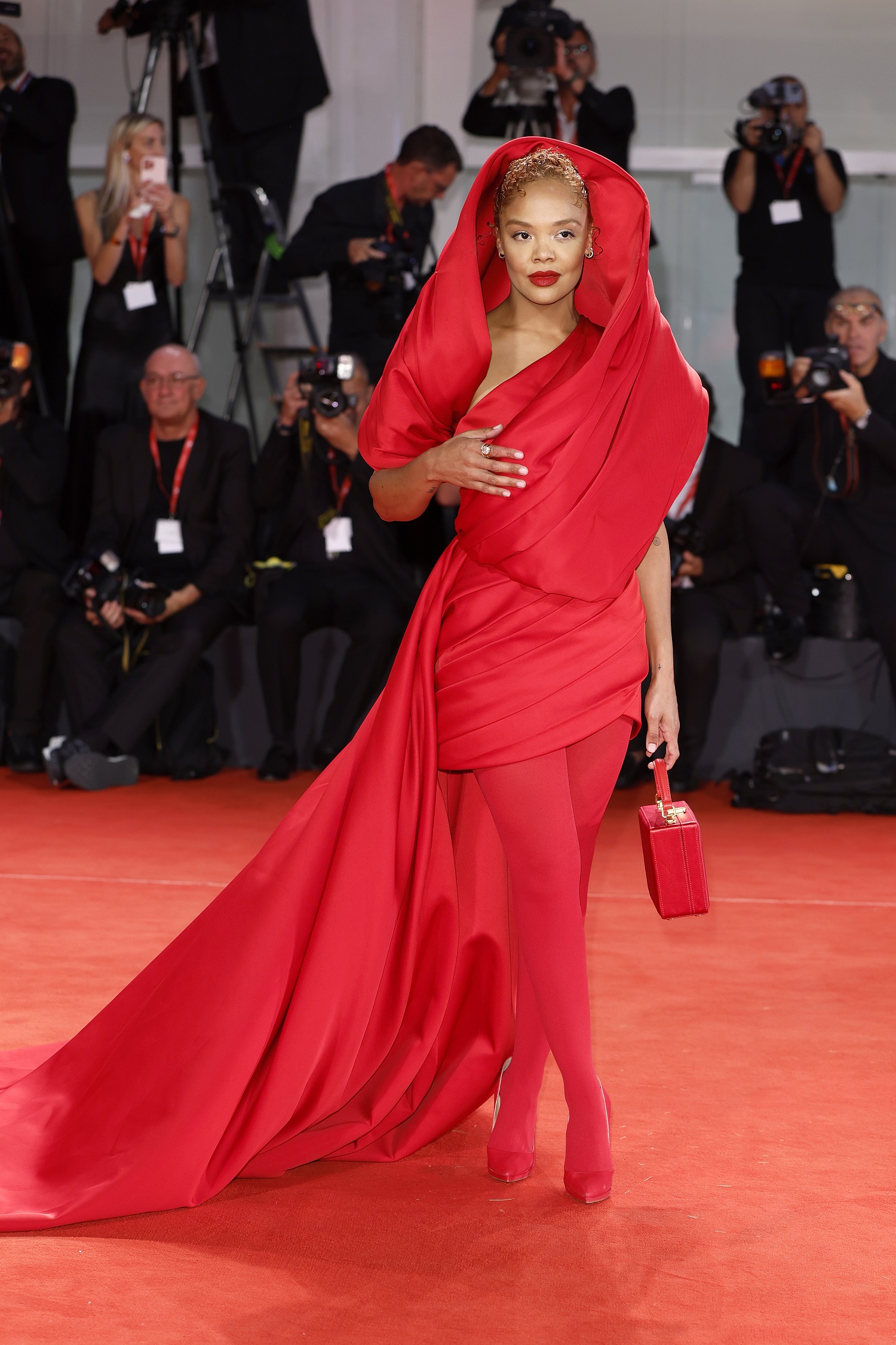 Lady in red: Tessa Thompson attends the Netflix film Bardo red carpet in Venice. Photo / Getty Images