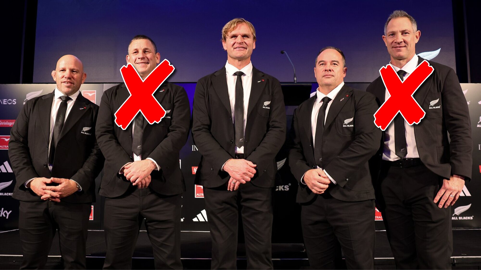 The All Blacks coaching team in 2024: (From left) Jason Ryan, Jason Holland, Scott Robertson, Scott Hansen and Leon MacDonald. Photo / Photosport