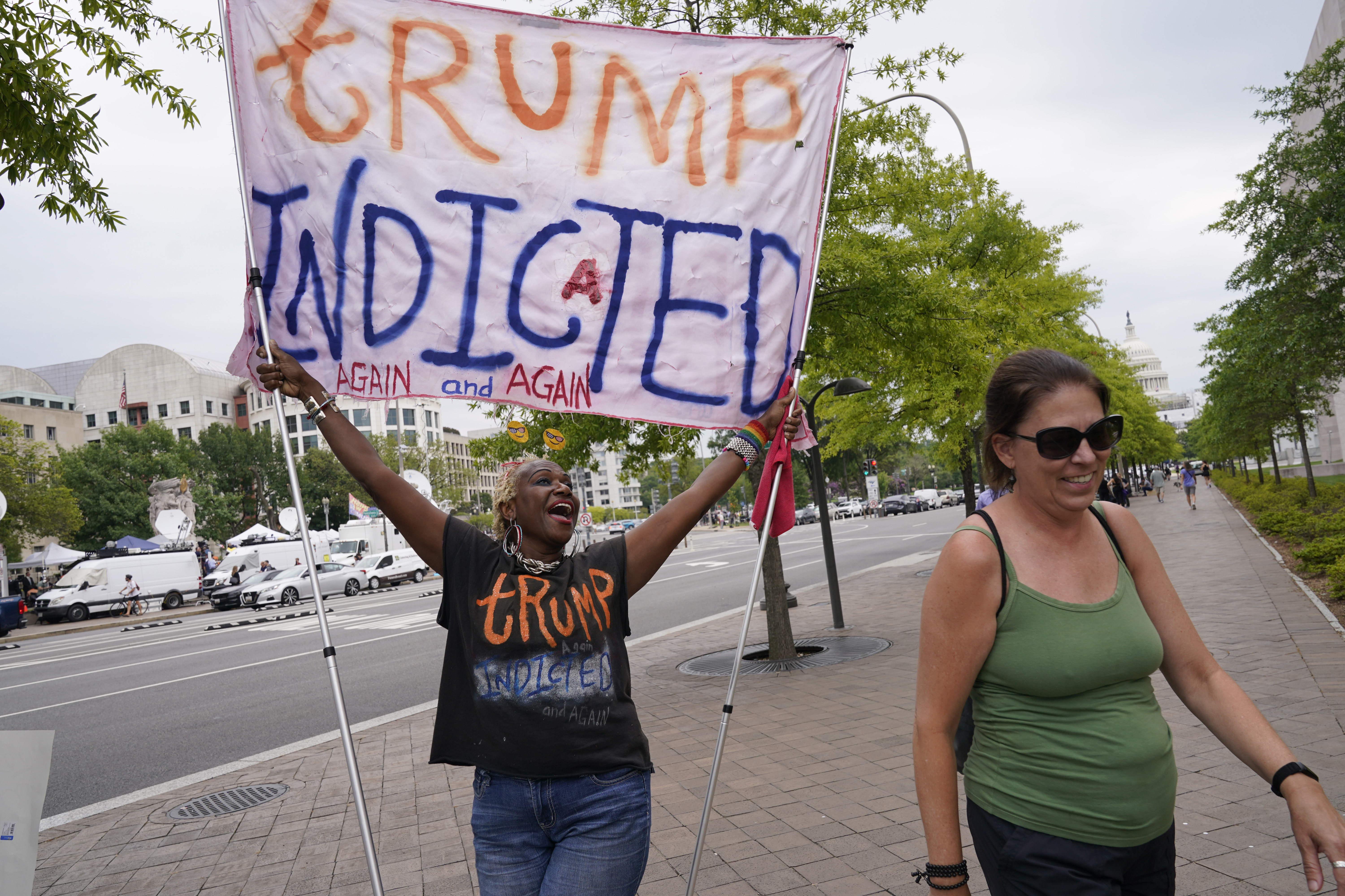 Nadine Seiler arrives to celebrate the indictment of former President Donald Trump at the Federal Courthouse. Photo / Jacquelyn Martin, AP