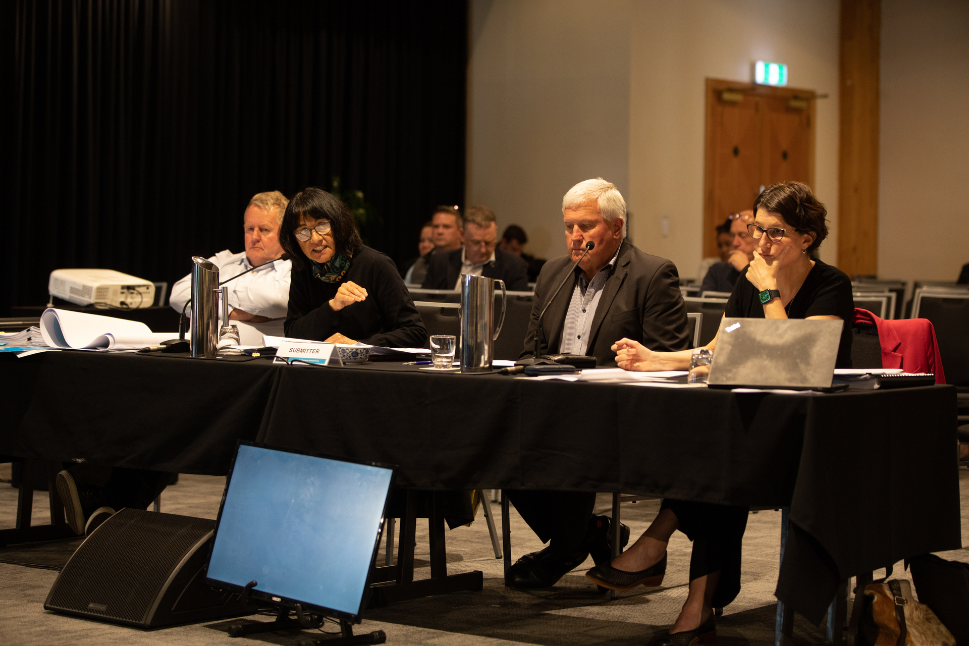 Restore Rotorua representatives at the resource consent hearing (from left) Gary Smith, Carolyne Hall, Trevor Newbrook and lawyer Vanessa Hamm. Photo / Andrew Warner