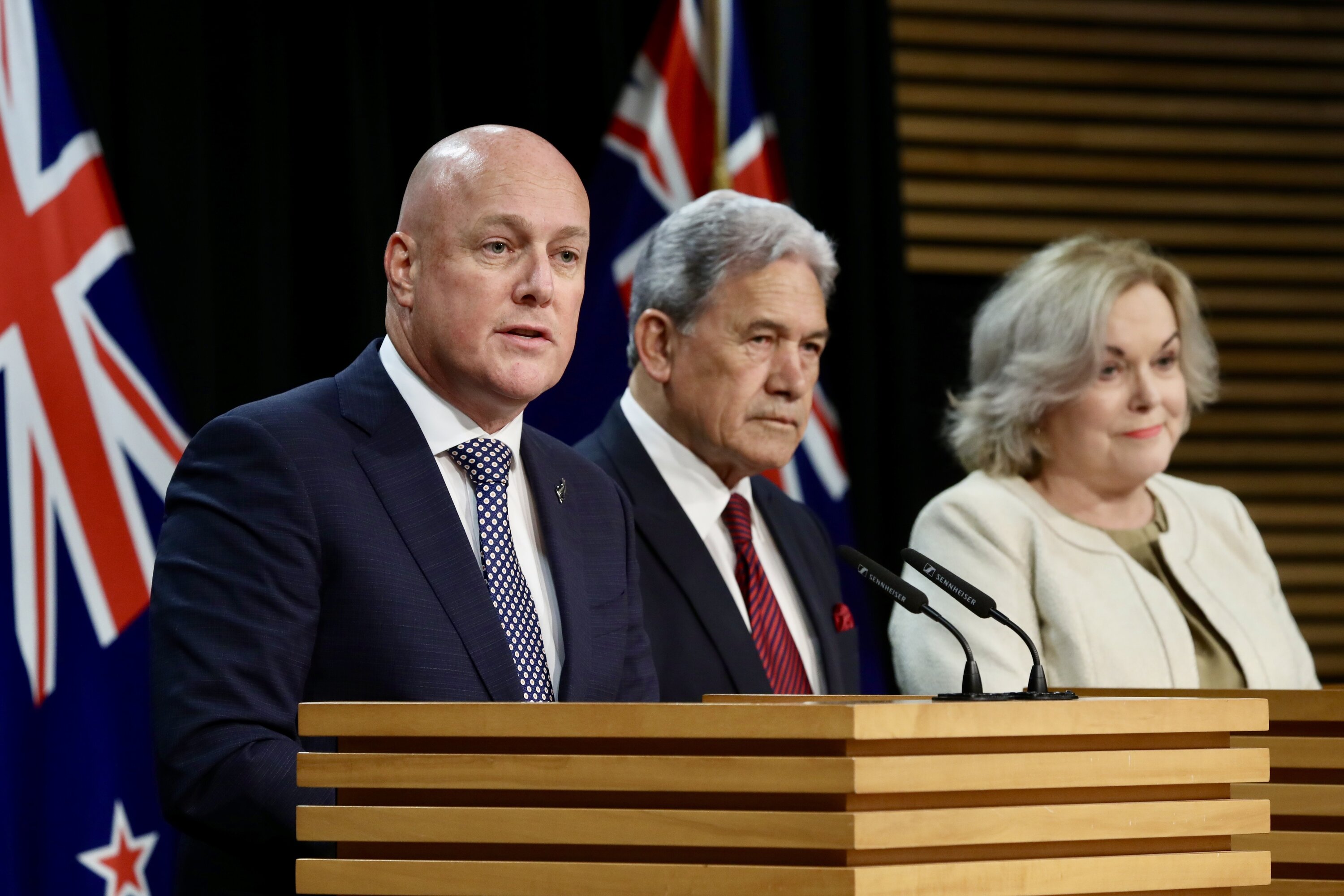 Christopher Luxon, Winston Peters and Judith Collins front the first post-Cabinet conference of the year at the Beehive. Photo / Mark Mitchell