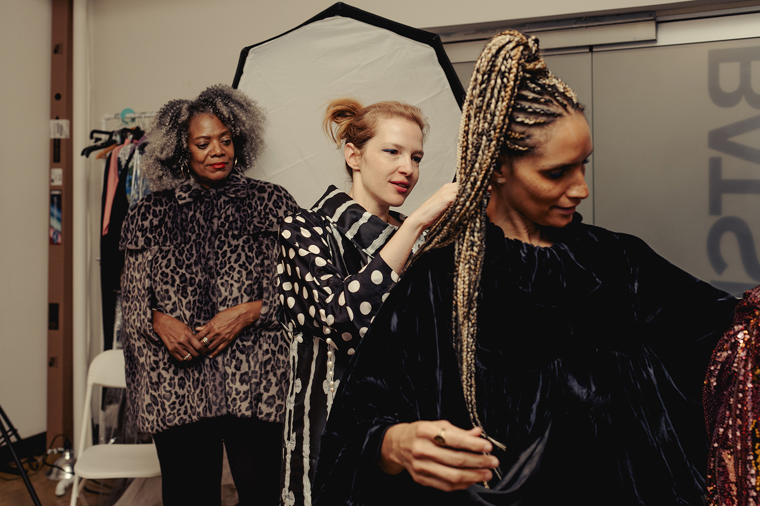 Gwen DeVoe (left, in leopard) and Racquel Chevremont (right, in velvet), try on clothes for Batsheva’s Fashion Week runway show, in New York. Photo / Amir Hamja, The New York Times