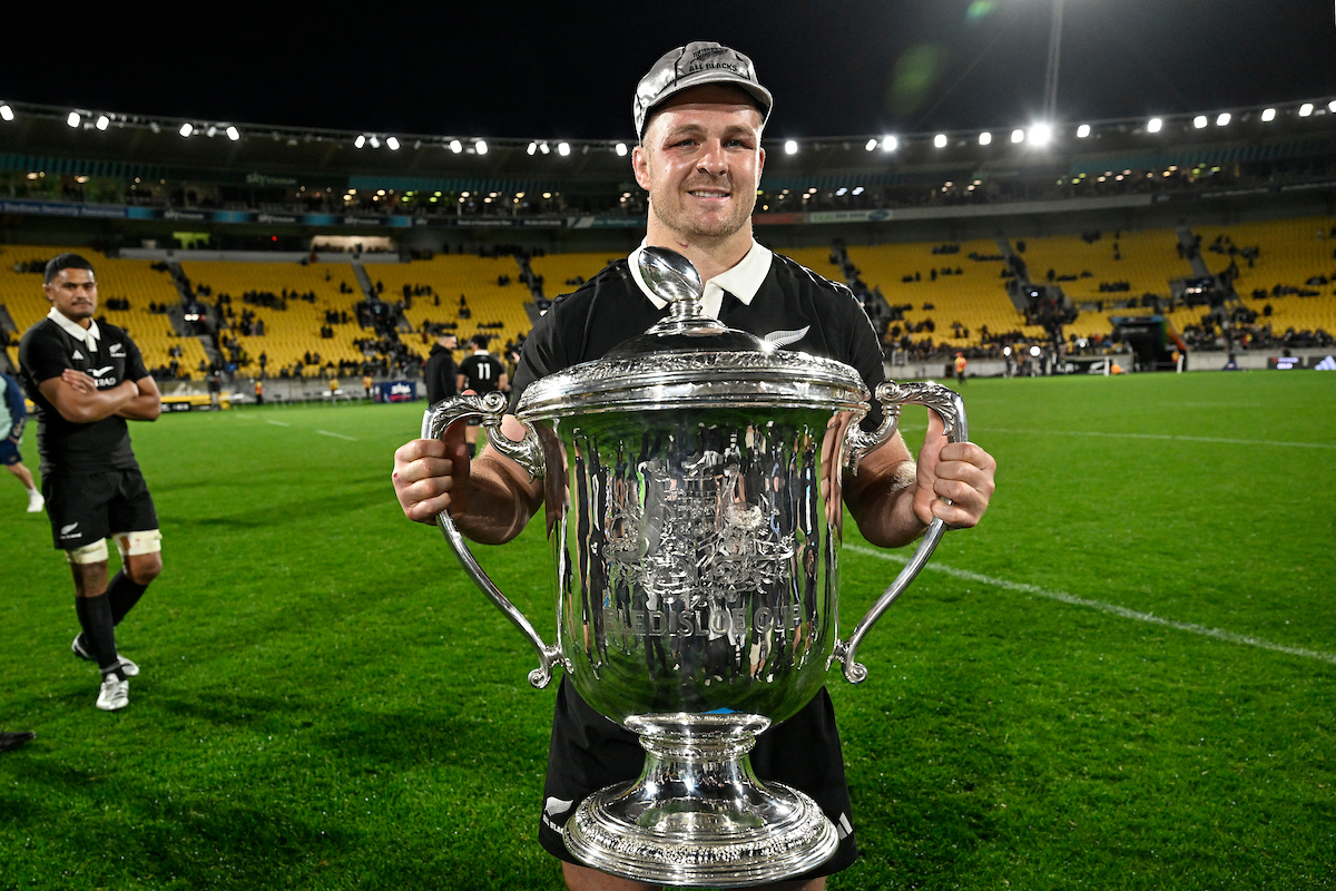 Sam Cane with the Bledisloe Cup. Photo / Photosport