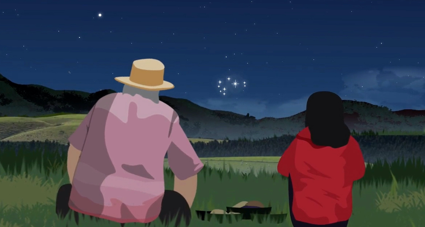 Nan teaches Ururangi about the stars in the Matariki cluster. Animation / Ben Cummins