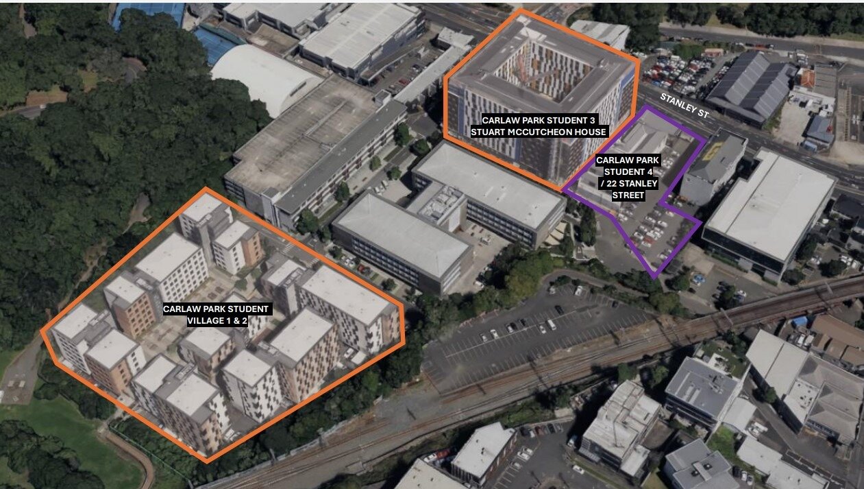  Orange outlined areas show existing student accommodation in Parnell. The area outlined in purple shows plans by Precinct Properties to develop a 960-unit block. Photo / Precinct Properties