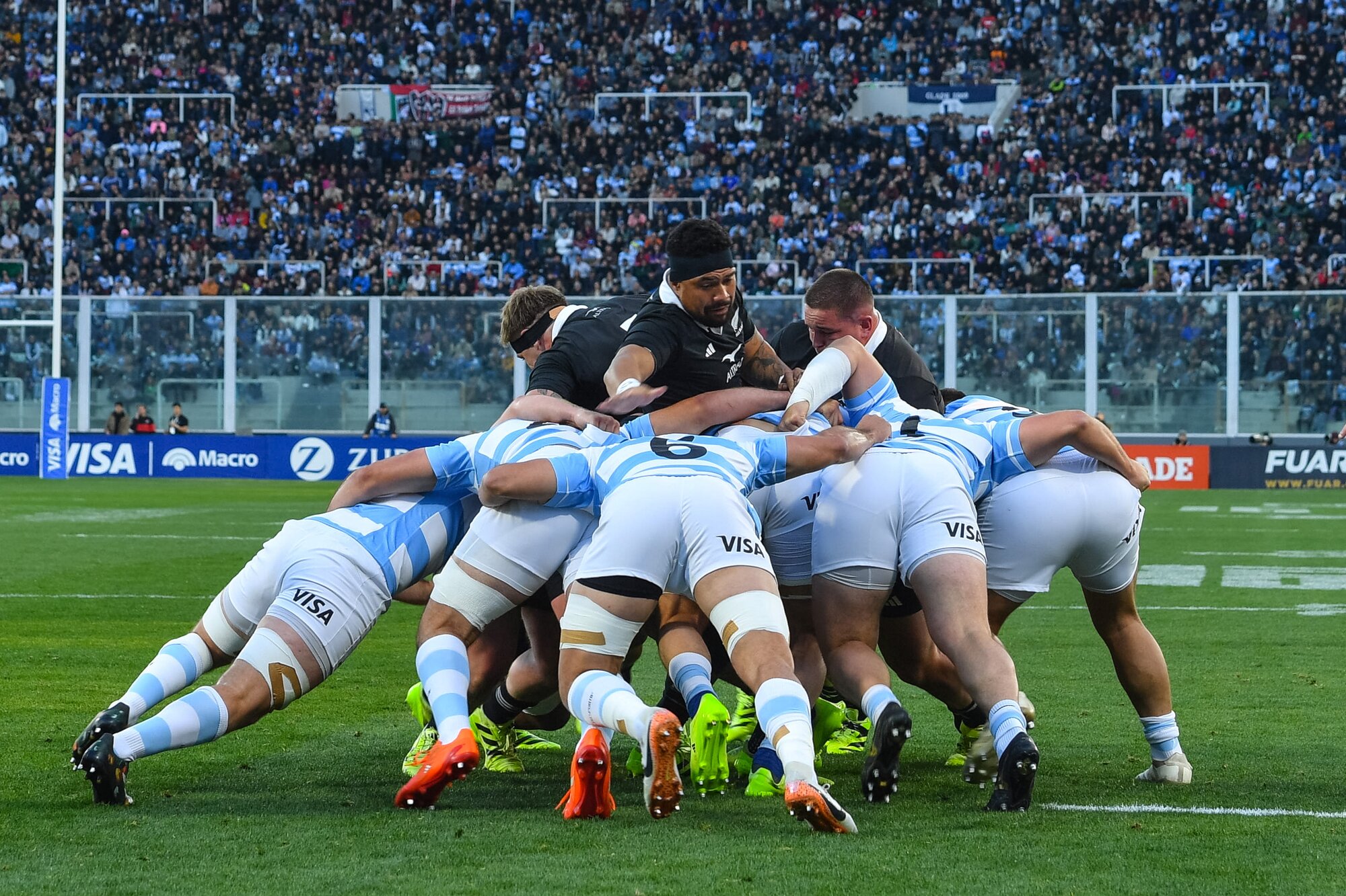 Ardie Savea and the All Blacks pack take on Los Pumas. Photo / Photosport