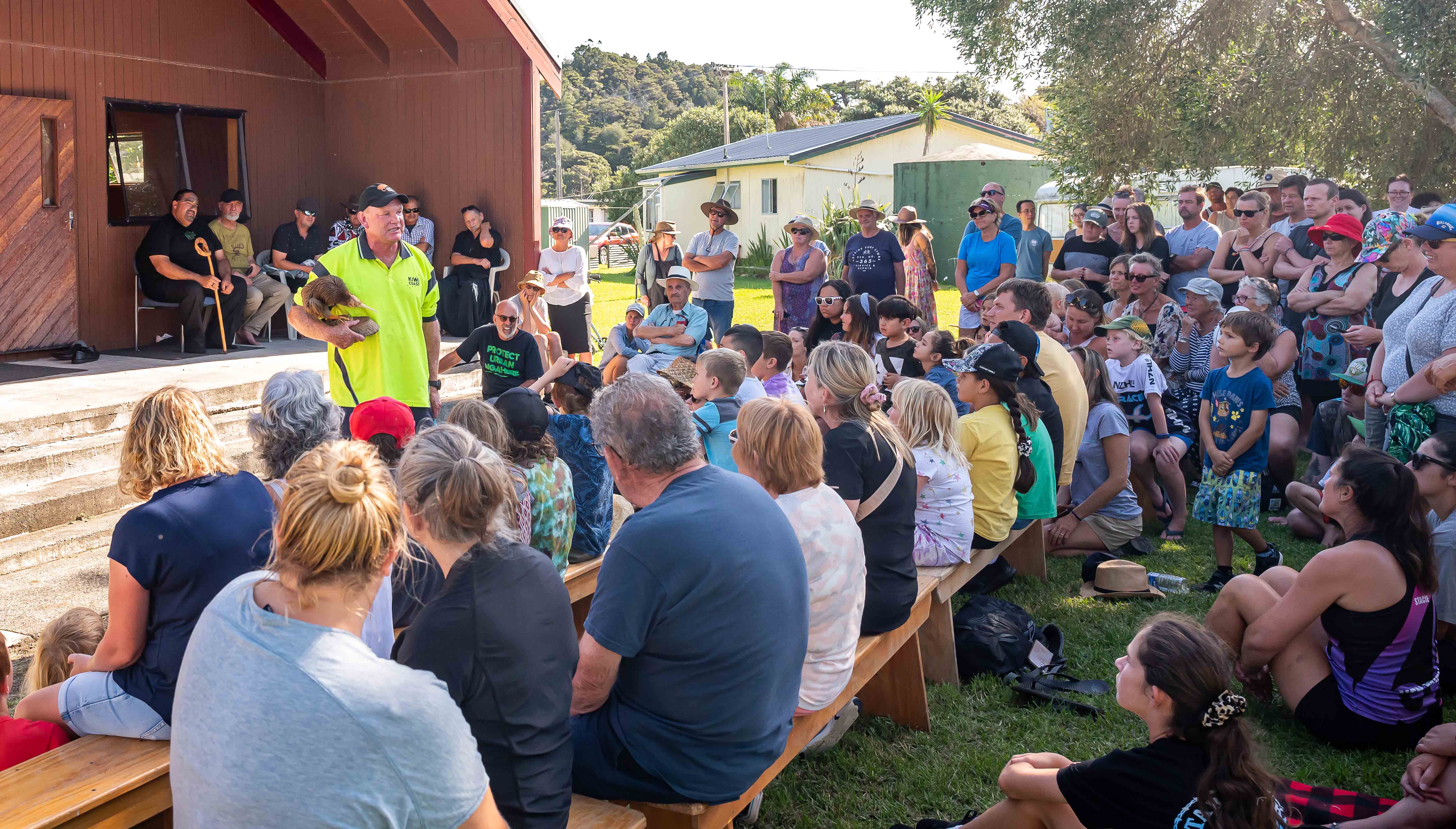 Todd Hamilton of Kiwi Coast addresses the crowd at Rangiwhakaahu Marae. Photo / Kieran Pullman