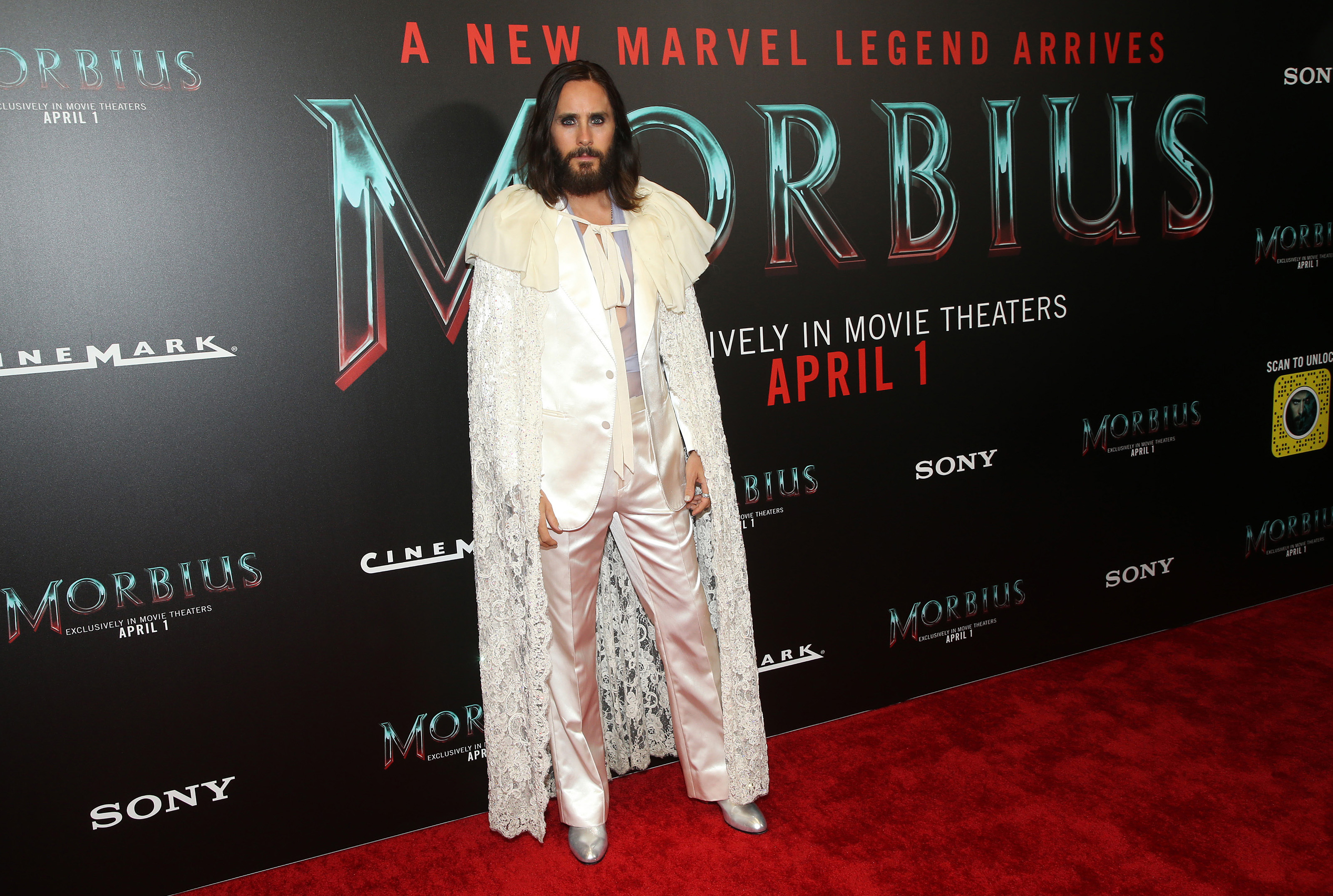 Jared Leto wore a lace cape to the Los Angeles premiere of his movie, Morbius. Photo / Getty Images
