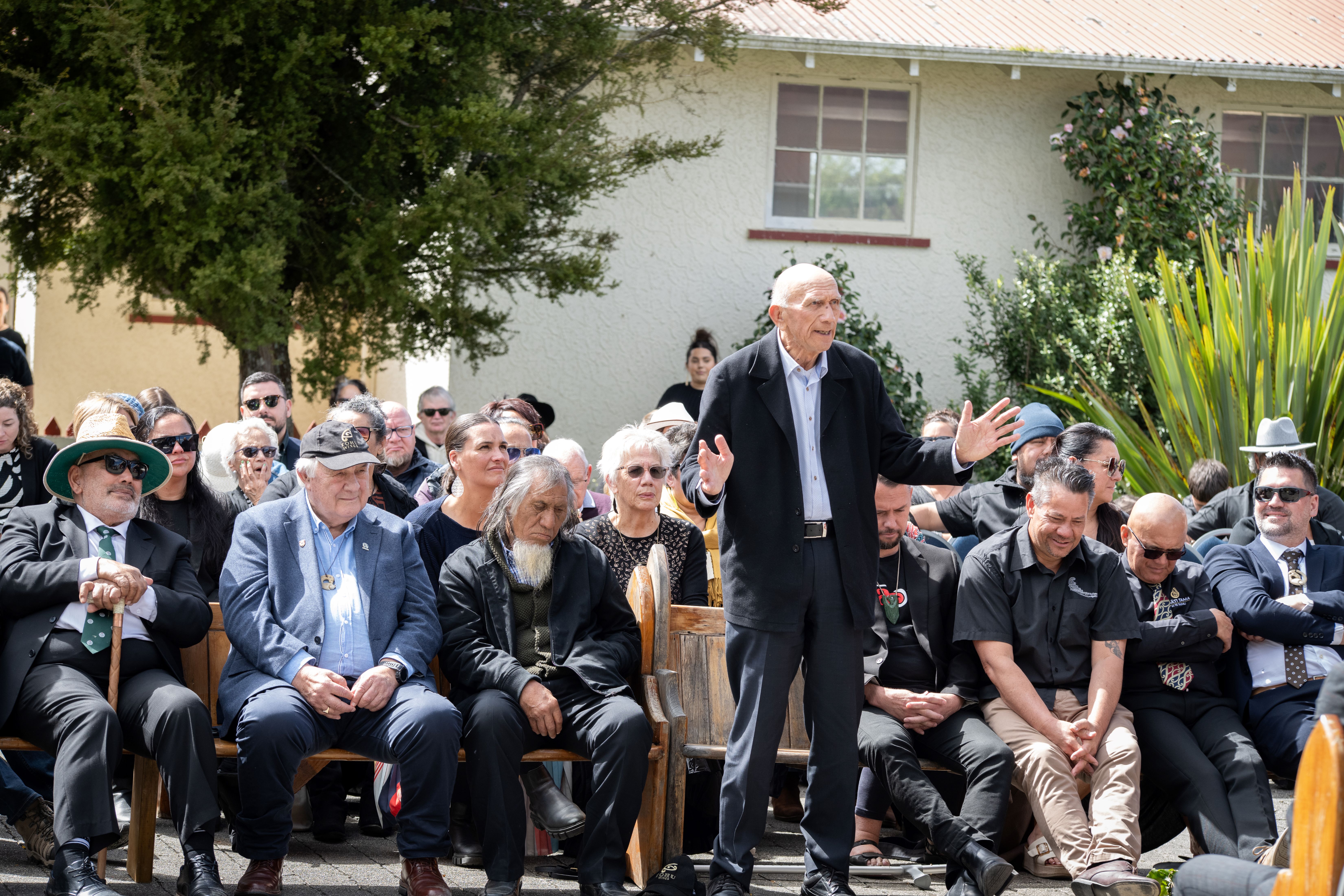 Kaumātua Rore Stafford during the pōwhiri at Motueka's Te Āwhina Marae. Photo / Melissa Banks