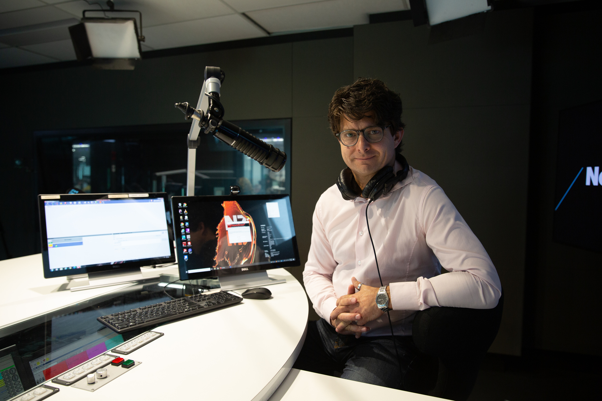 Liam Dann, the NZ Herald's business editor at large, recording his Herald podcast Money Talks. Photo / Sylvie Whinray