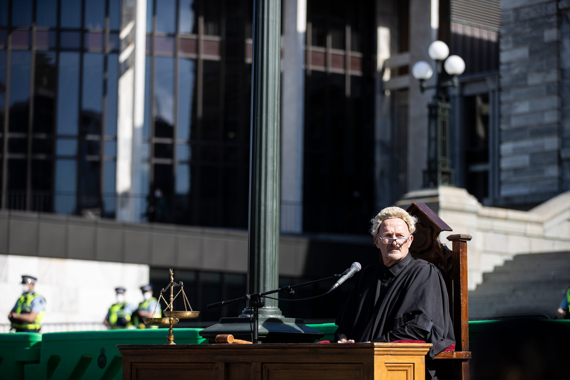 A mock court trial was held during a protest at Parliament on Tuesday. Photo / George Heard
