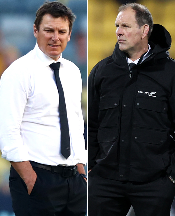 Backs coach Brad Mooar (left) and forwards coach John Plumtree have now parted ways with the All Blacks. Photos / Getty Images