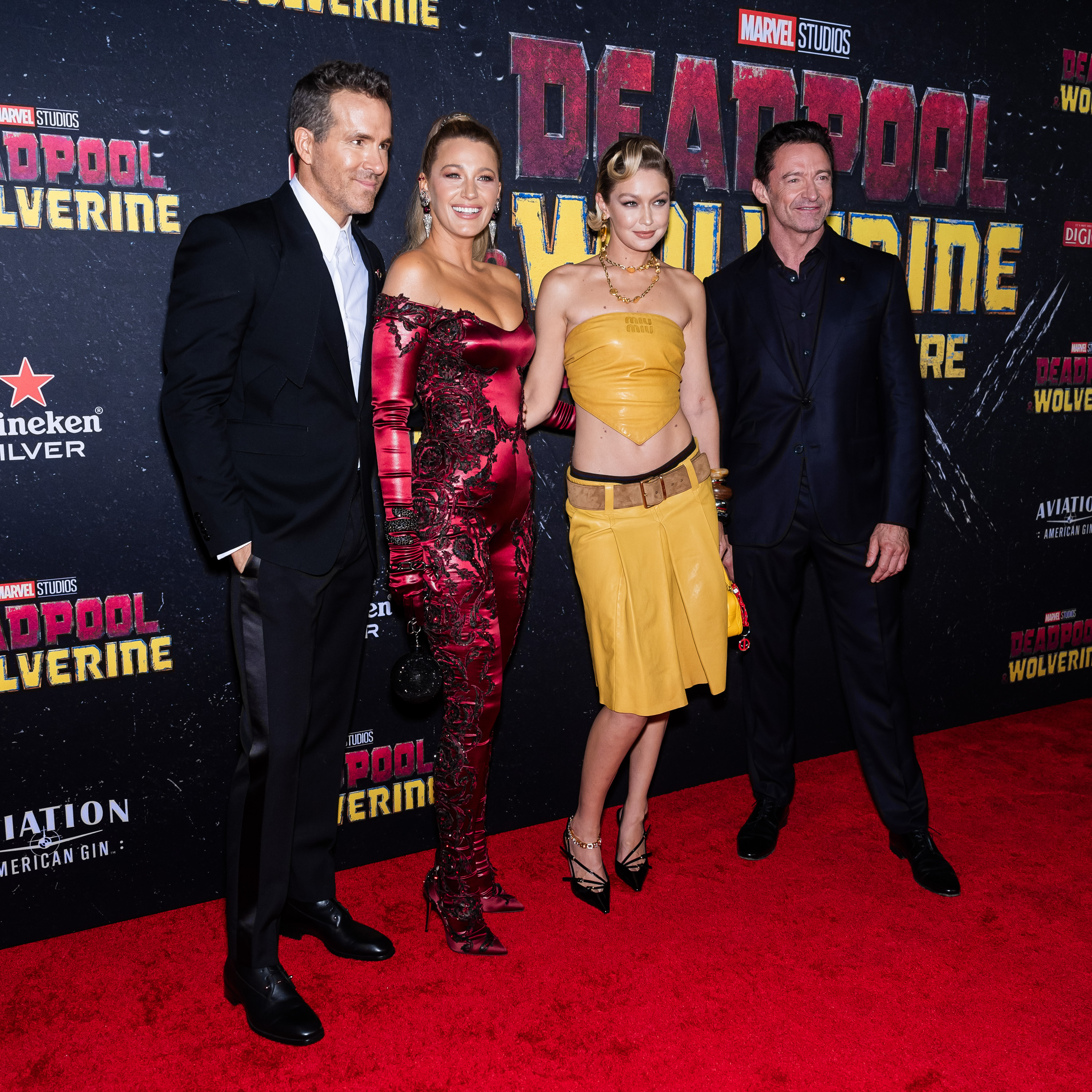 Ryan Reynolds (left), Blake Lively, Gigi Hadid and Hugh Jackman attend the Deadpool & Wolverine premiere on July 22 in New York City. Photo / GC Images