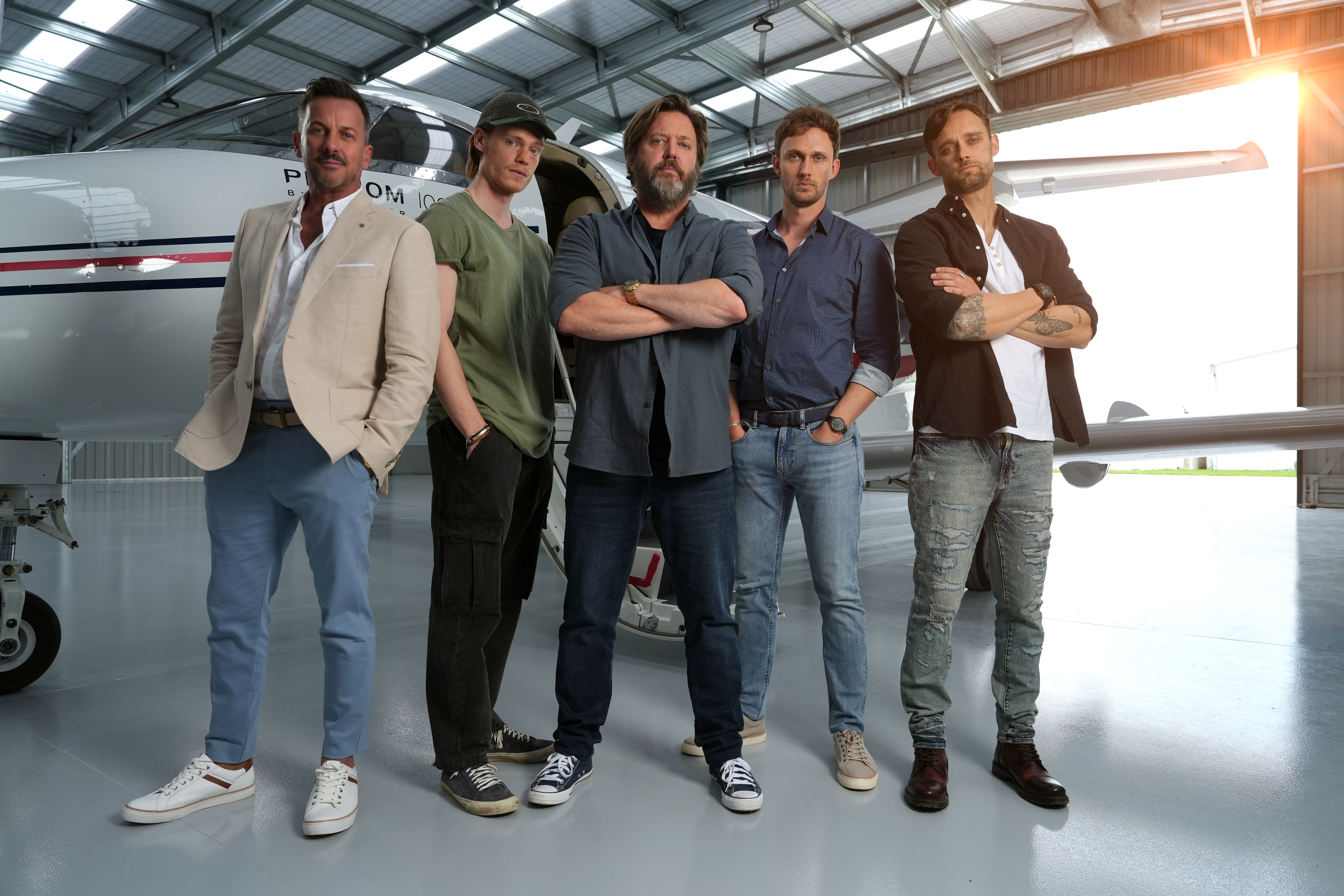 The five Warner men reunite: Guy (Craig Parker) (left), Harry (Xander Manketelow), Chris (Michael Galvin), Finn (Lukas Whiting) and Frank (Luke Patrick). Photo / South Pacific Pictures