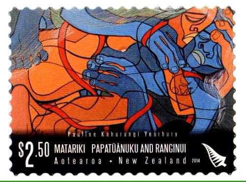 Pauline Yearbury’s Papatuanuku and Ranginui 2014 postage stamp. Photo / Toi Iho