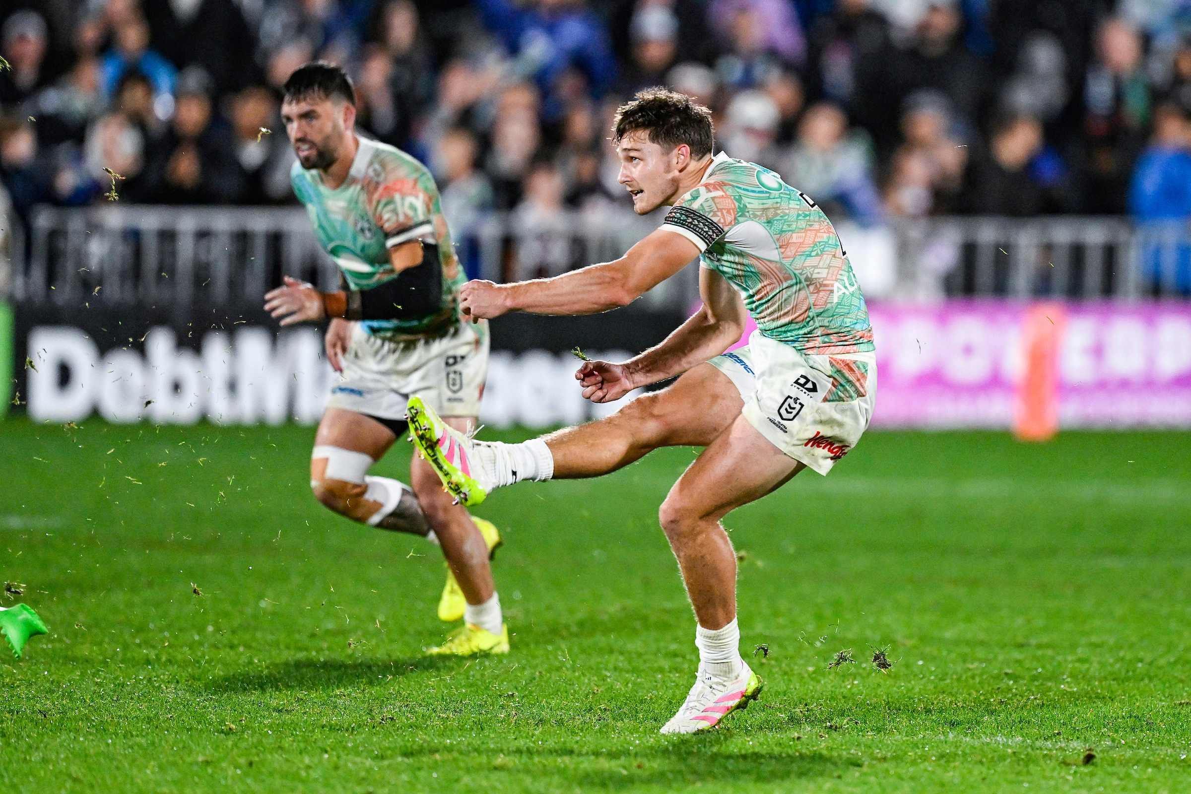 Warriors halfback Luke Metcalf watches his match-winning penalty kick against the Broncos. Photo: / Photosport