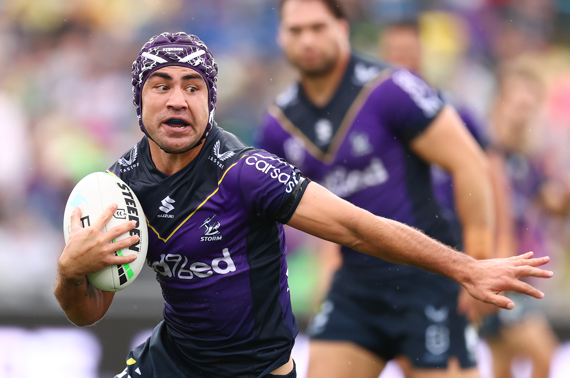 Jahrome Hughes of the Storm in action during the round five NRL match between the Canberra Raiders and the Melbourne Storm at McDonalds Park. Photo / Getty Images.