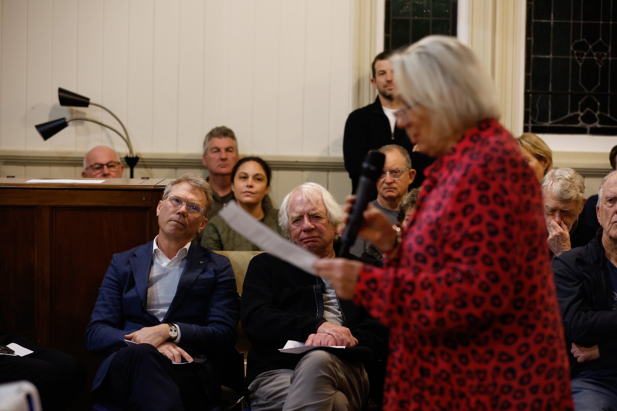 Christine Fletcher with members of the audience, including Paul Goldsmith. Photo / Sylvie Whinray 