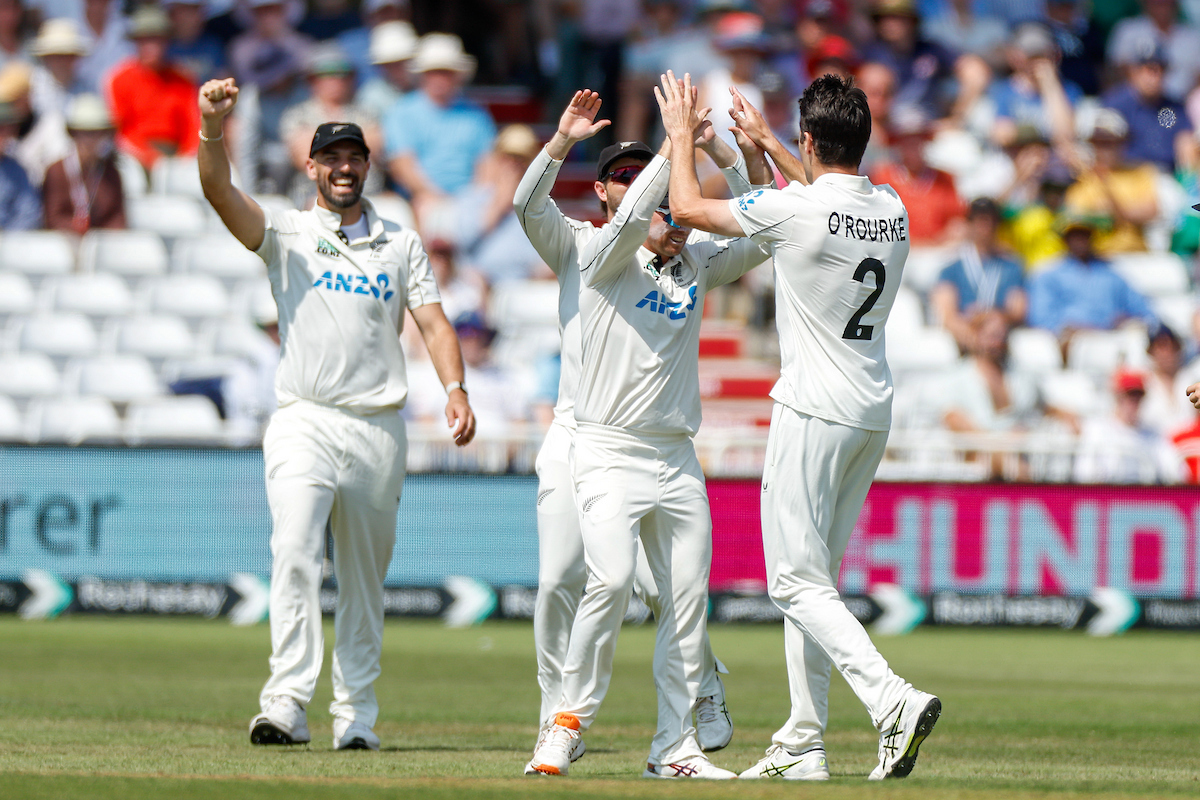 Will O'Rourke celebrates a wicket on day two of the third test between the Black Caps and England. Photo / Photosport