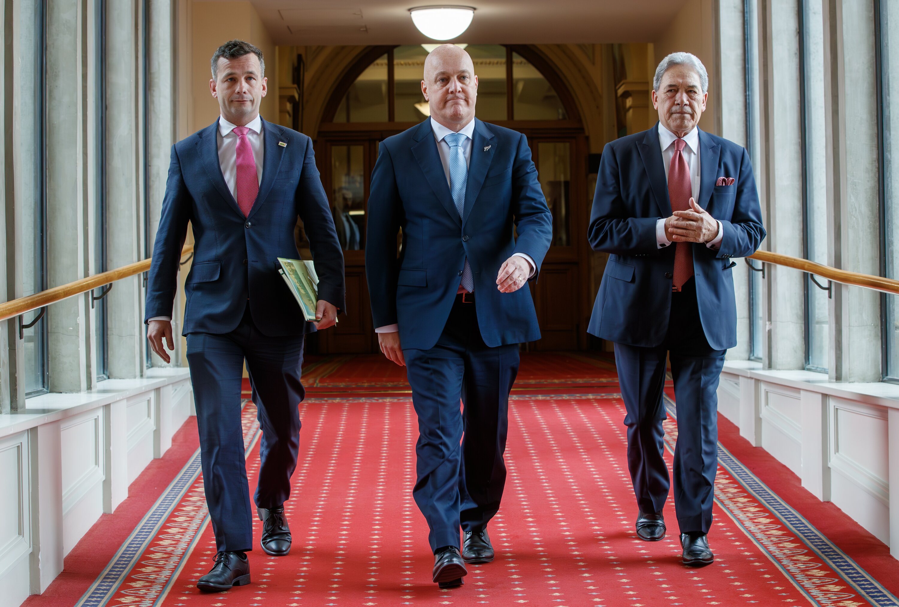 National leader Christopher Luxon, Act leader David Seymour, and NZ First leader Winston Peters. Photo / Mark Mitchell