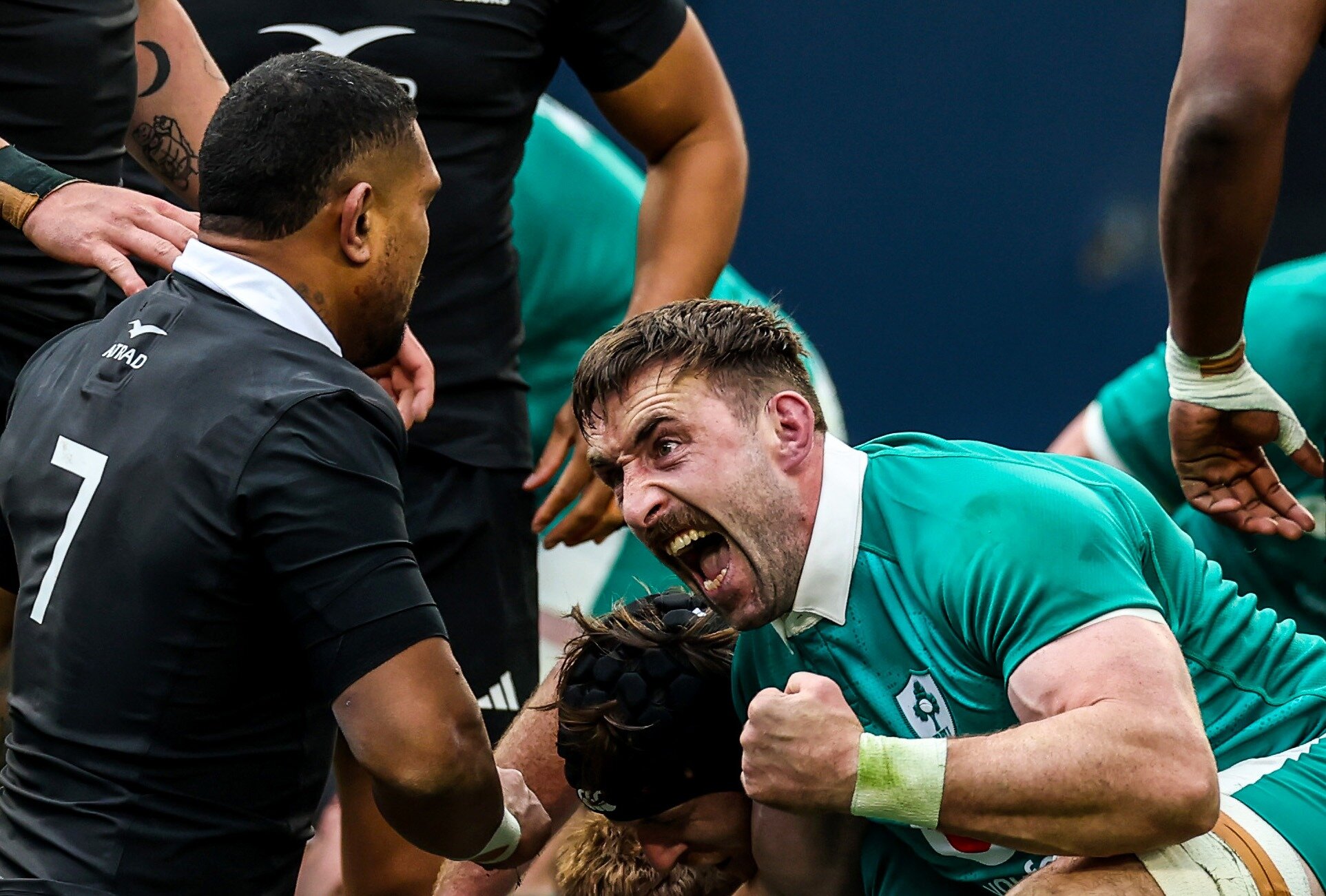 Ireland’s Jack Conan has a happy moment after his side's solitary try against the All Blacks, in Chicago. Photo / Photosport